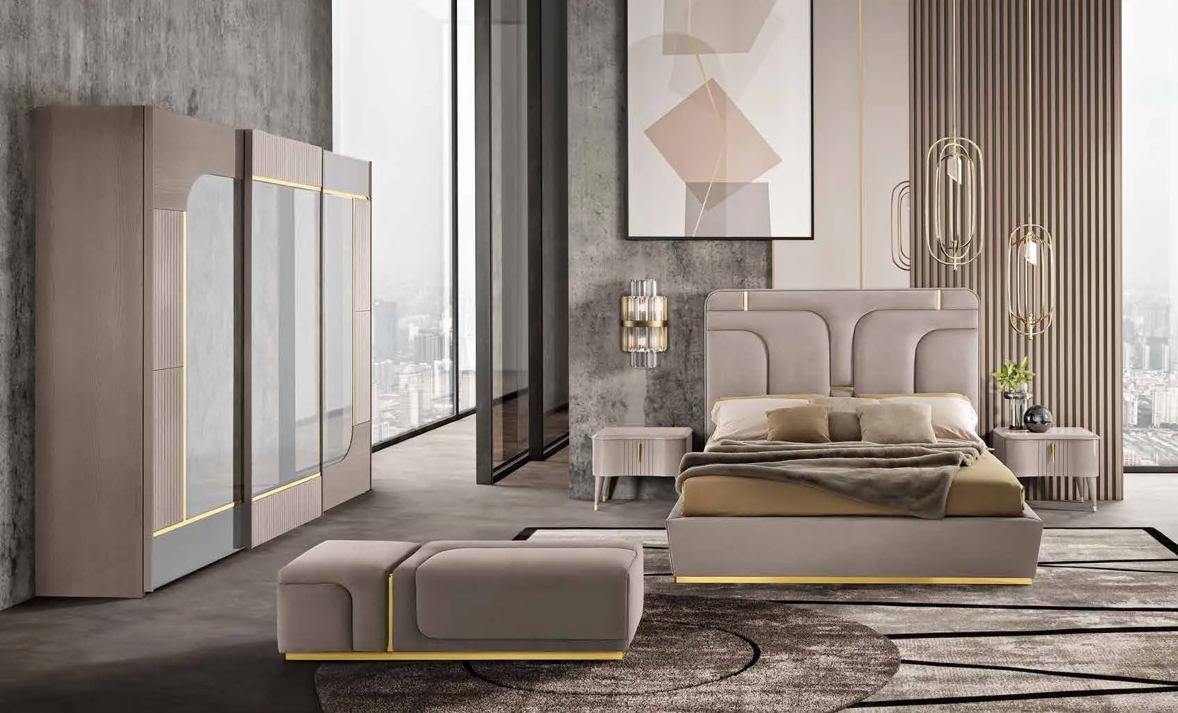 Letto Crystal Saber Jewels con panca e armadio a tre ante