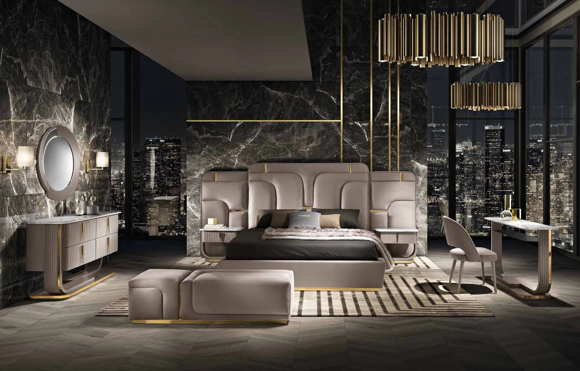 Letto Crystal Royale Saber Jewels con boiserie, panca e toeletta