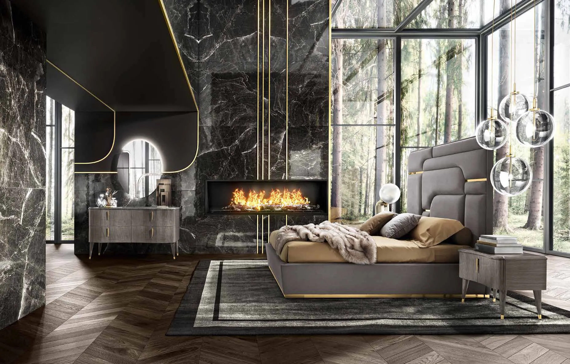 Letto Amethyst Saber Jewels con comò Amber e specchiera Crystal