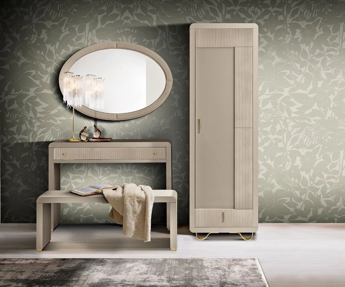 Consolle Alea Saber Jewels in nabuk con specchiera ovale e panchetta