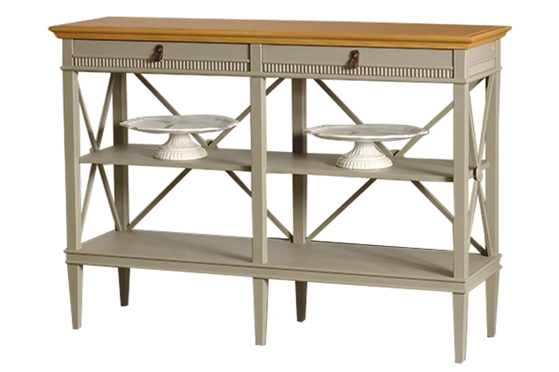 Consolle 24.29 Tosato laccata Dover su fondo bianco con due alzate in ceramica