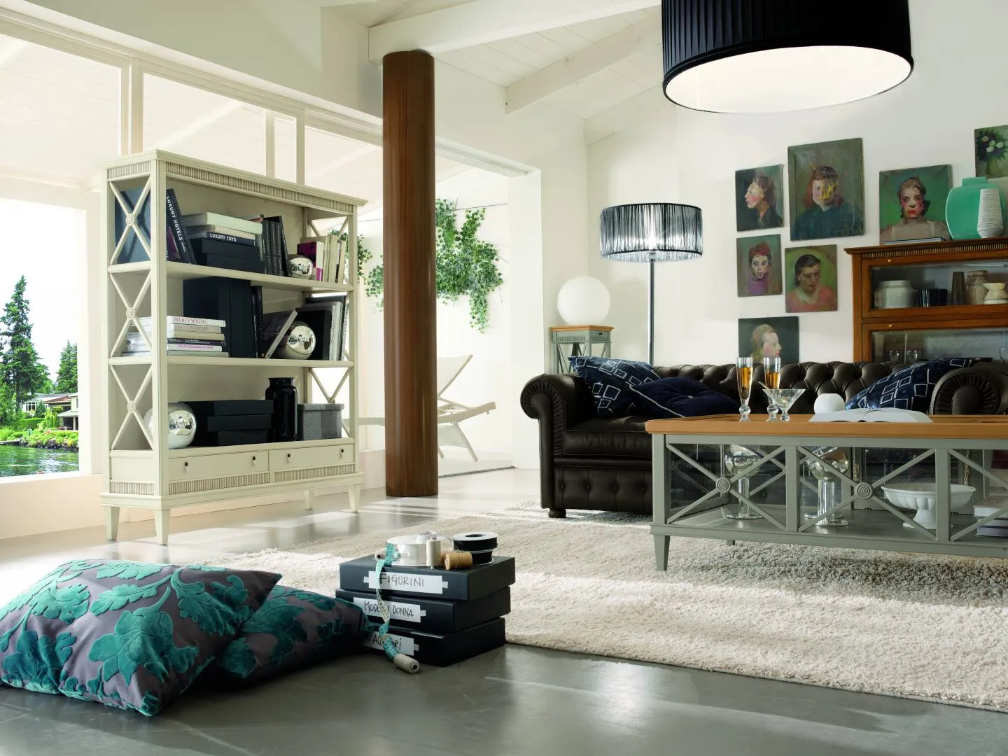 Libreria Tosato 24.15 chiara con croci sui fianchi e due cassetti, in un loft con divano Chesterfield