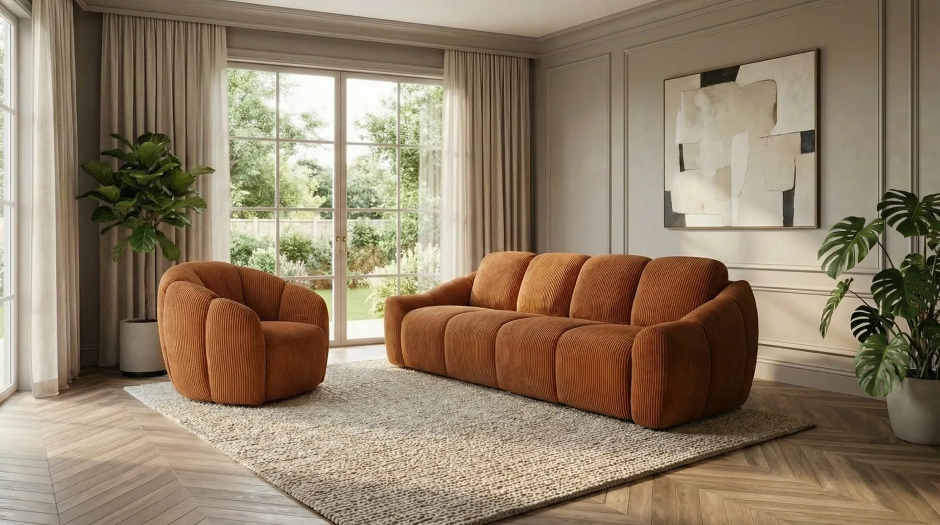Divano letto Alaska Il Benessere color ruggine con poltroncina in un soggiorno luminoso
