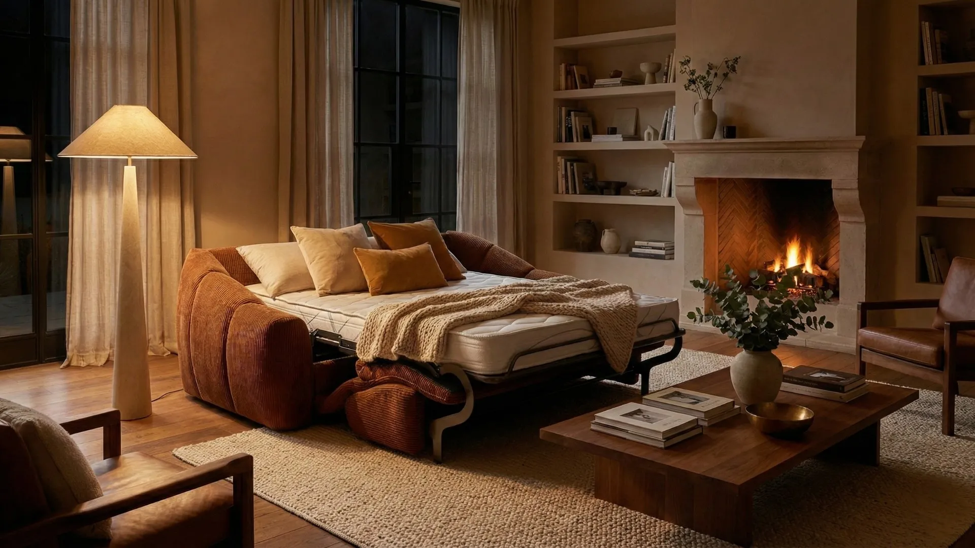 Divano Alaska Il Benessere aperto a letto accanto a un camino
