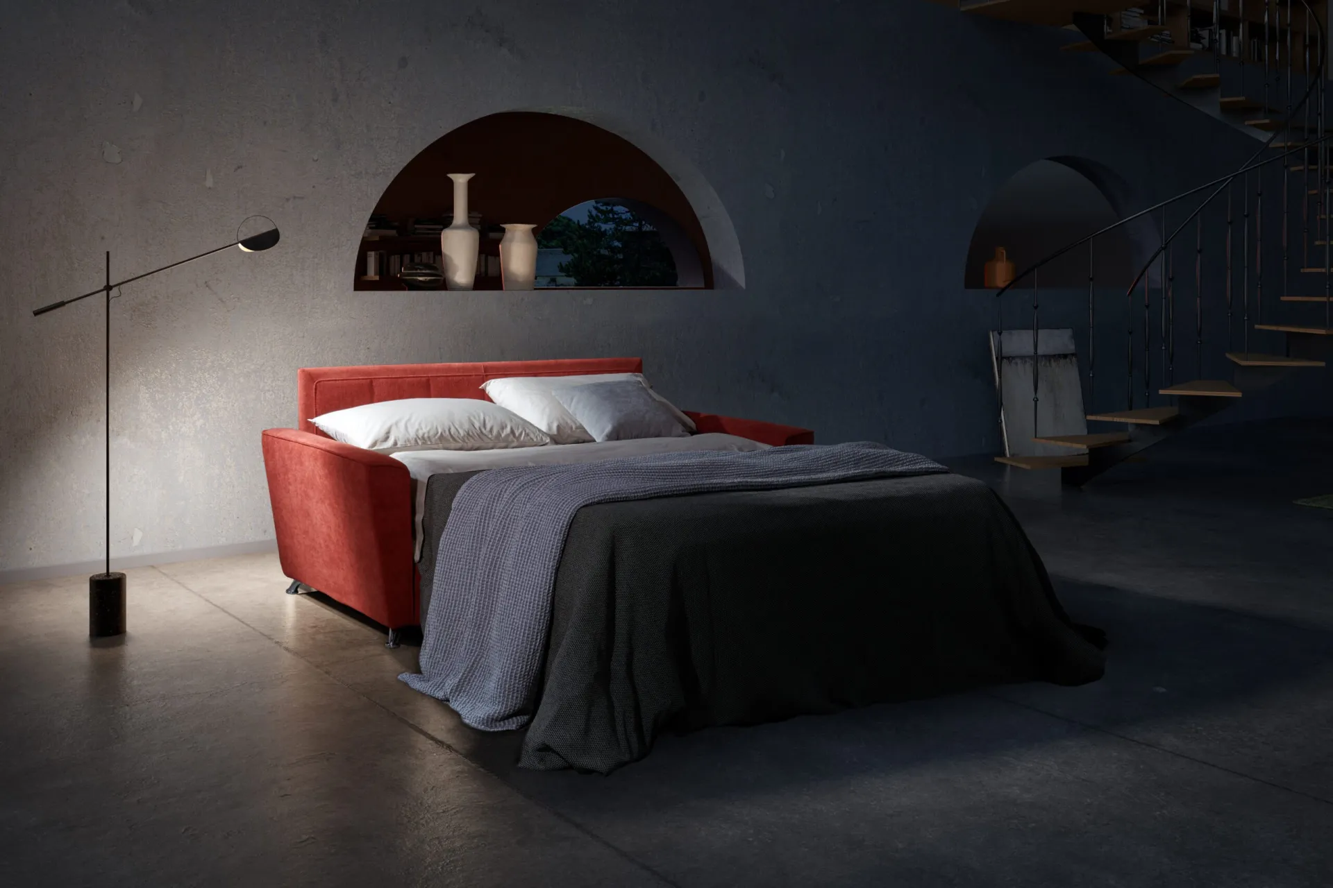 Divano Argo Il Benessere aperto a letto con coperta grigia