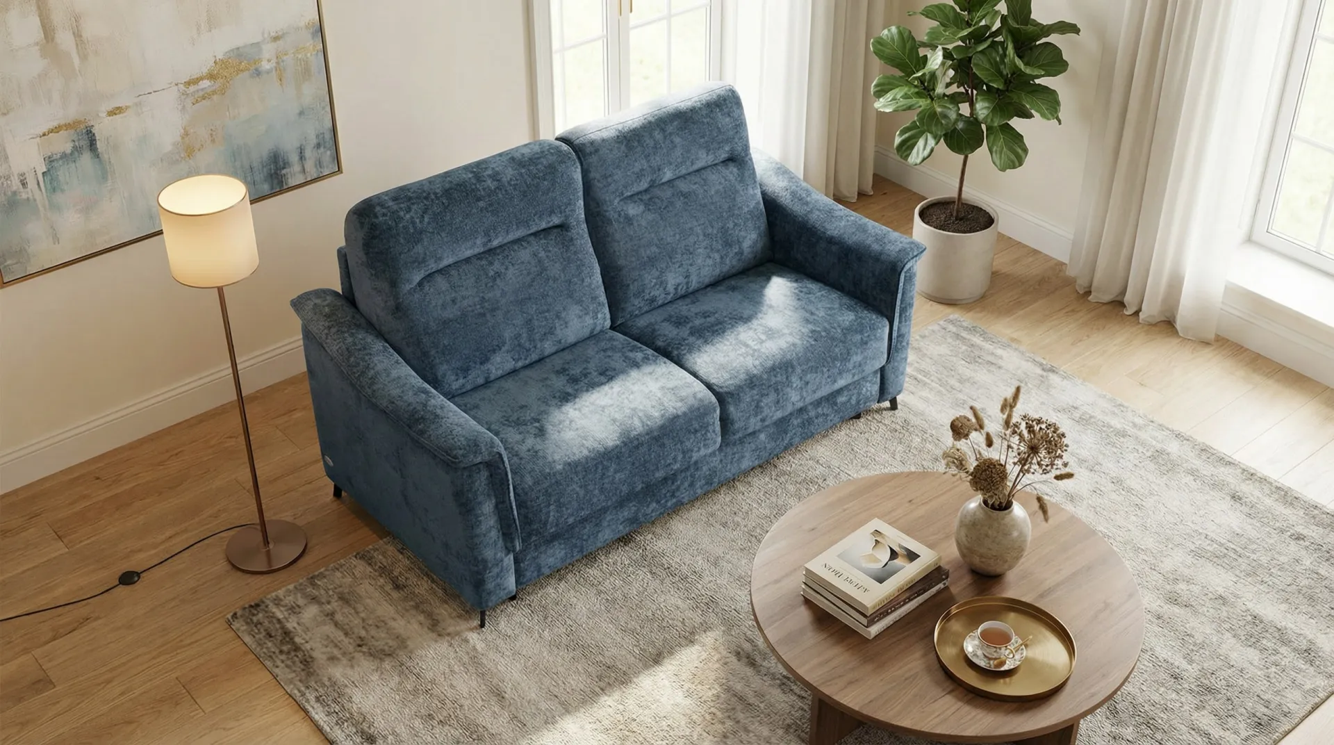 Divano letto Brooklyn Il Benessere blu in un soggiorno con tappeto chiaro