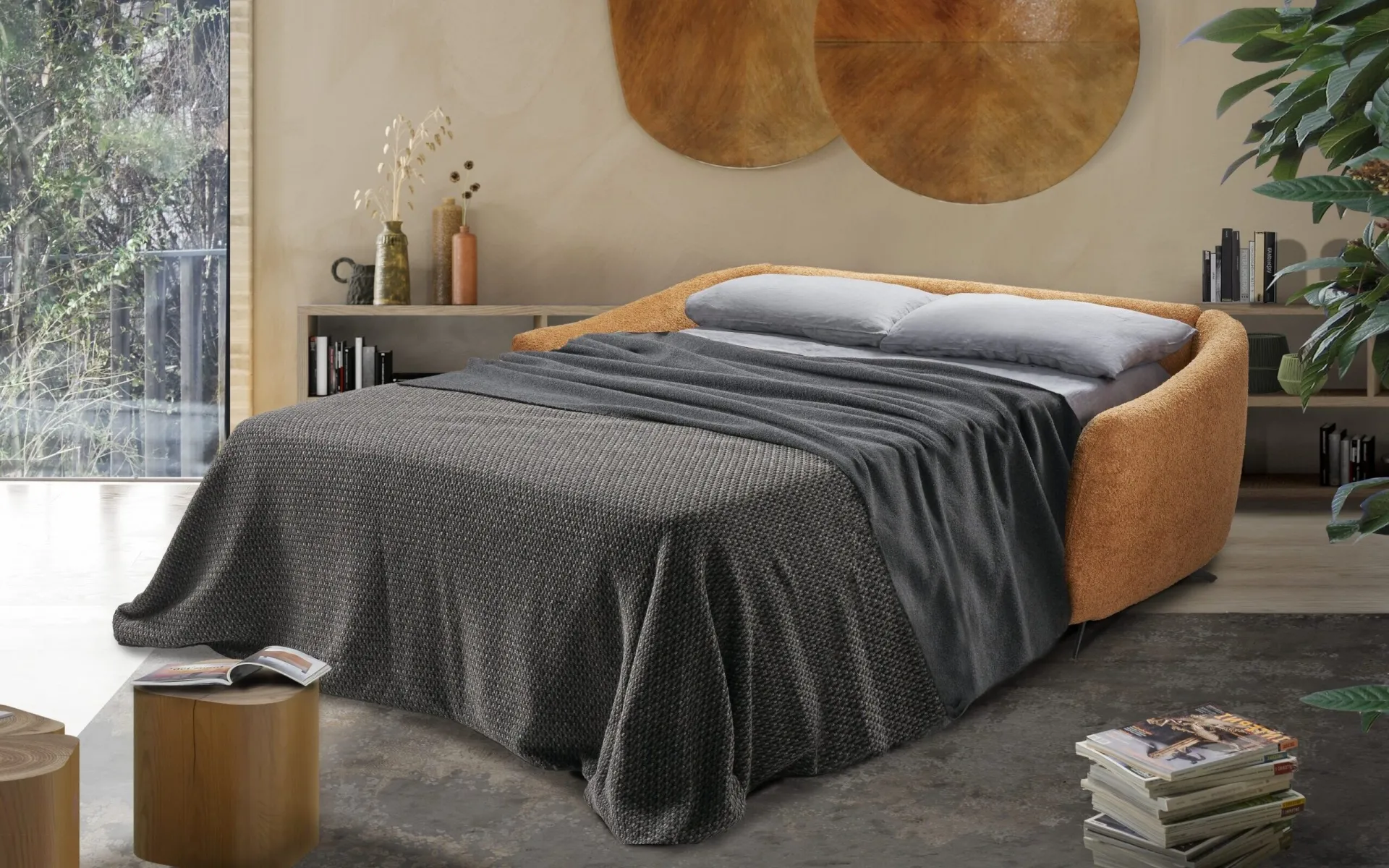 Divano letto Cheri Il Benessere aperto con coperta grigia