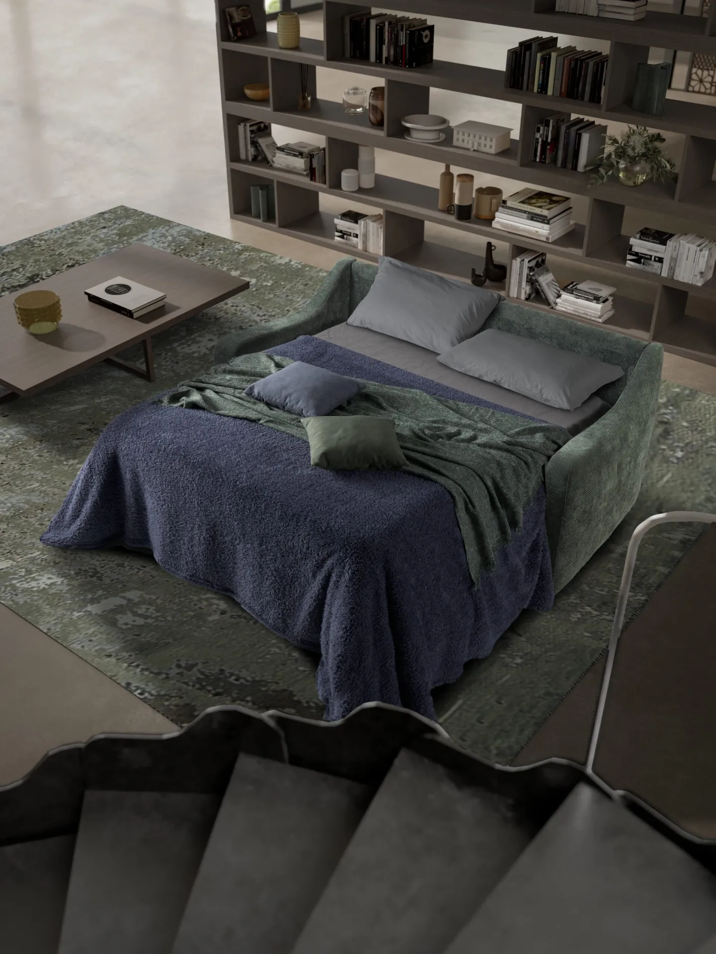 Divano Devo Il Benessere aperto a letto con coperta blu