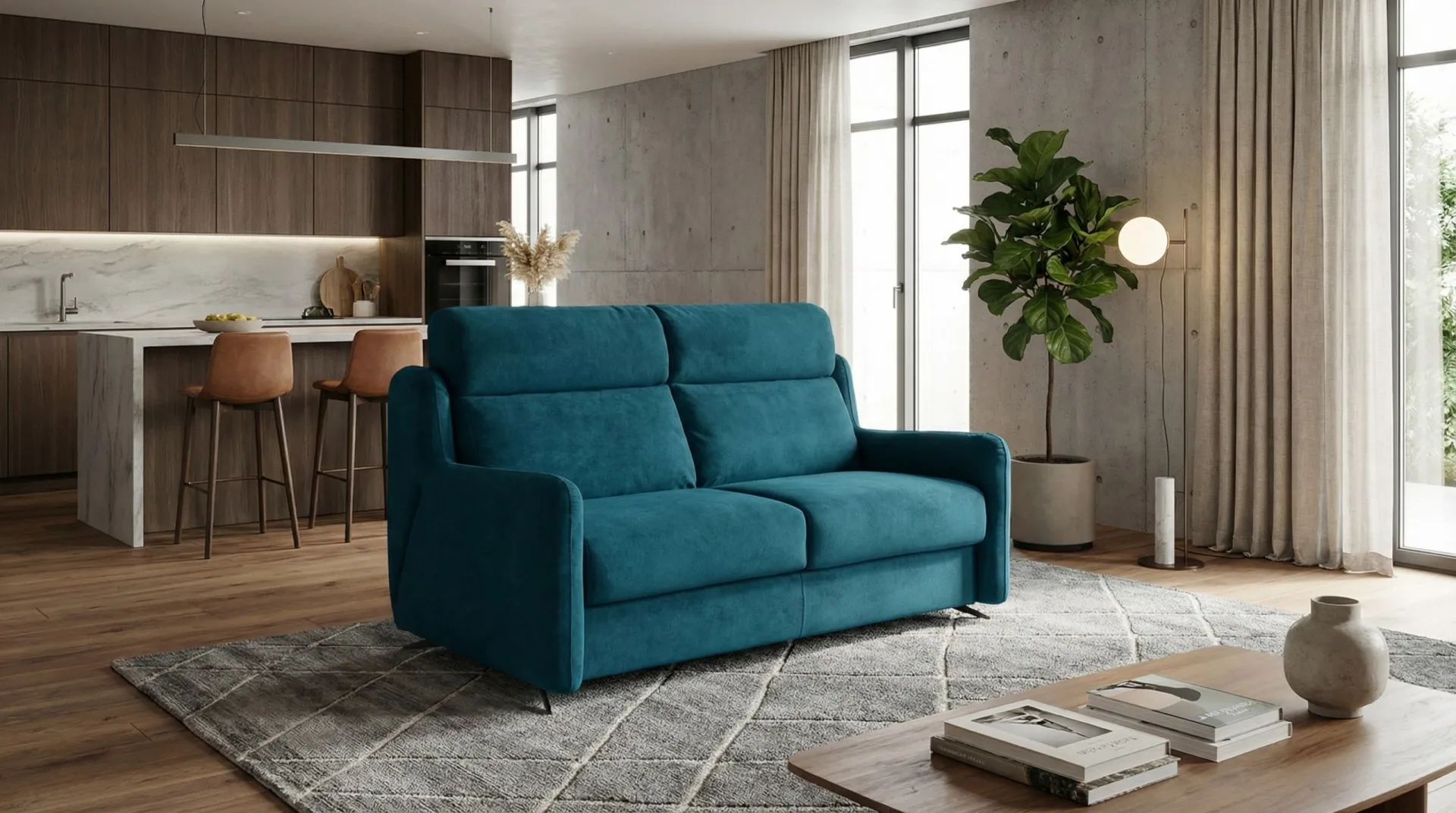 Divano letto Hollywood Il Benessere blu petrolio in un soggiorno con cucina
