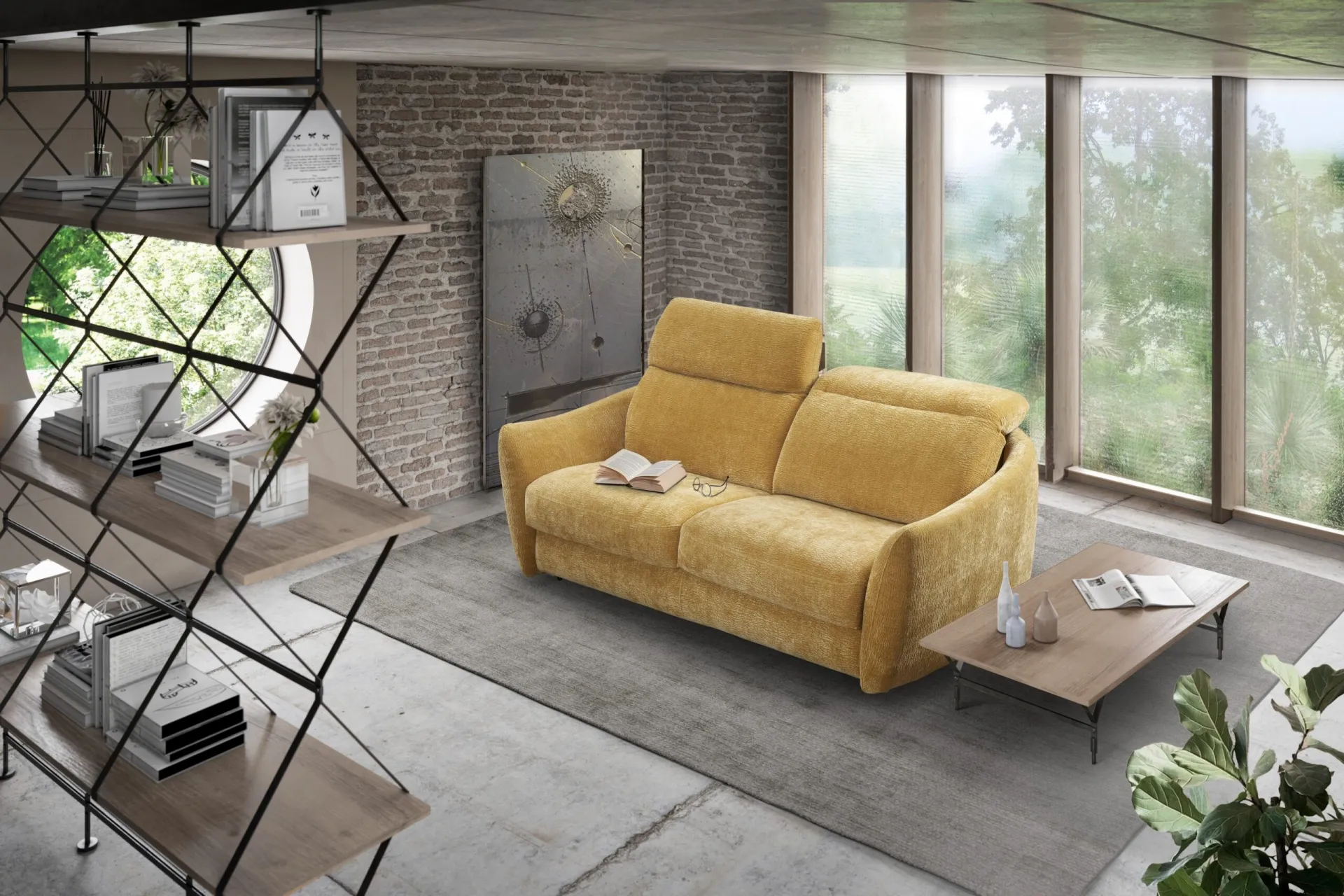 Divano letto Mambo Il Benessere giallo senape in un loft con vetrate