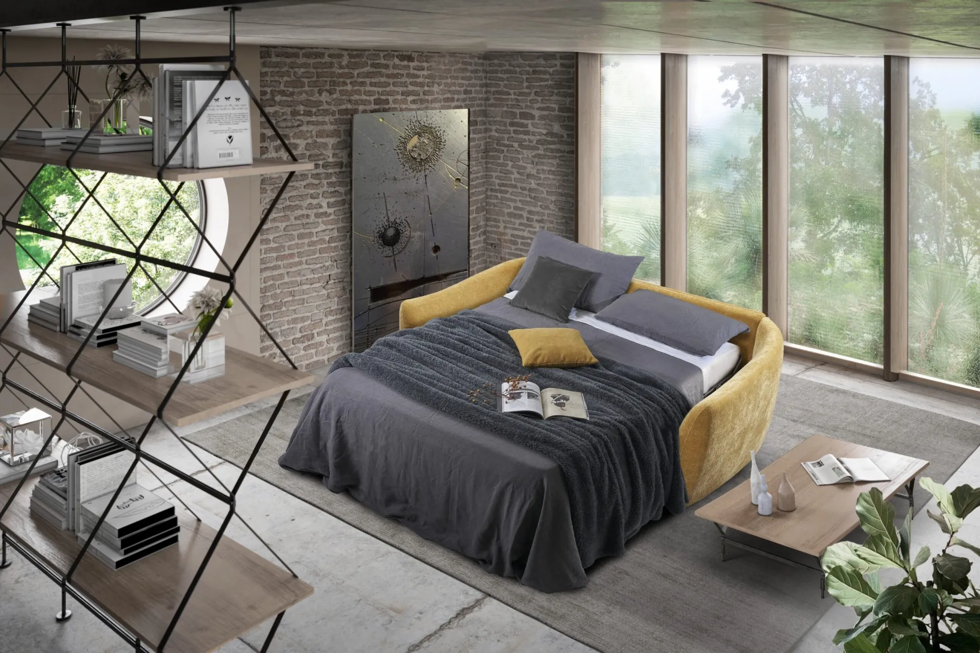 Divano Mambo Il Benessere aperto a letto con coperta grigia