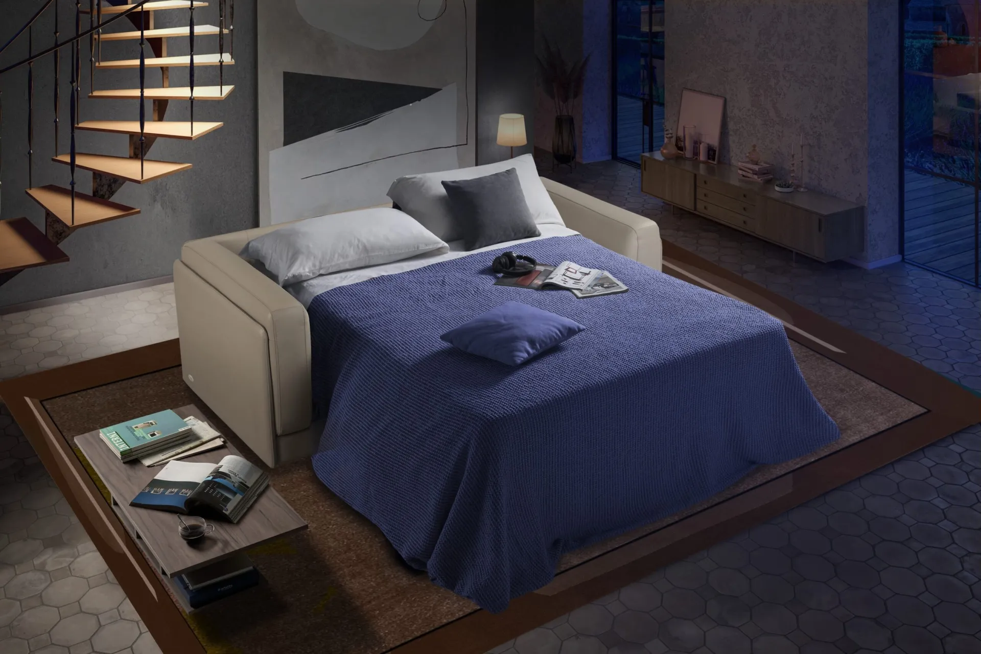 Divano Massimo Il Benessere aperto a letto con coperta blu