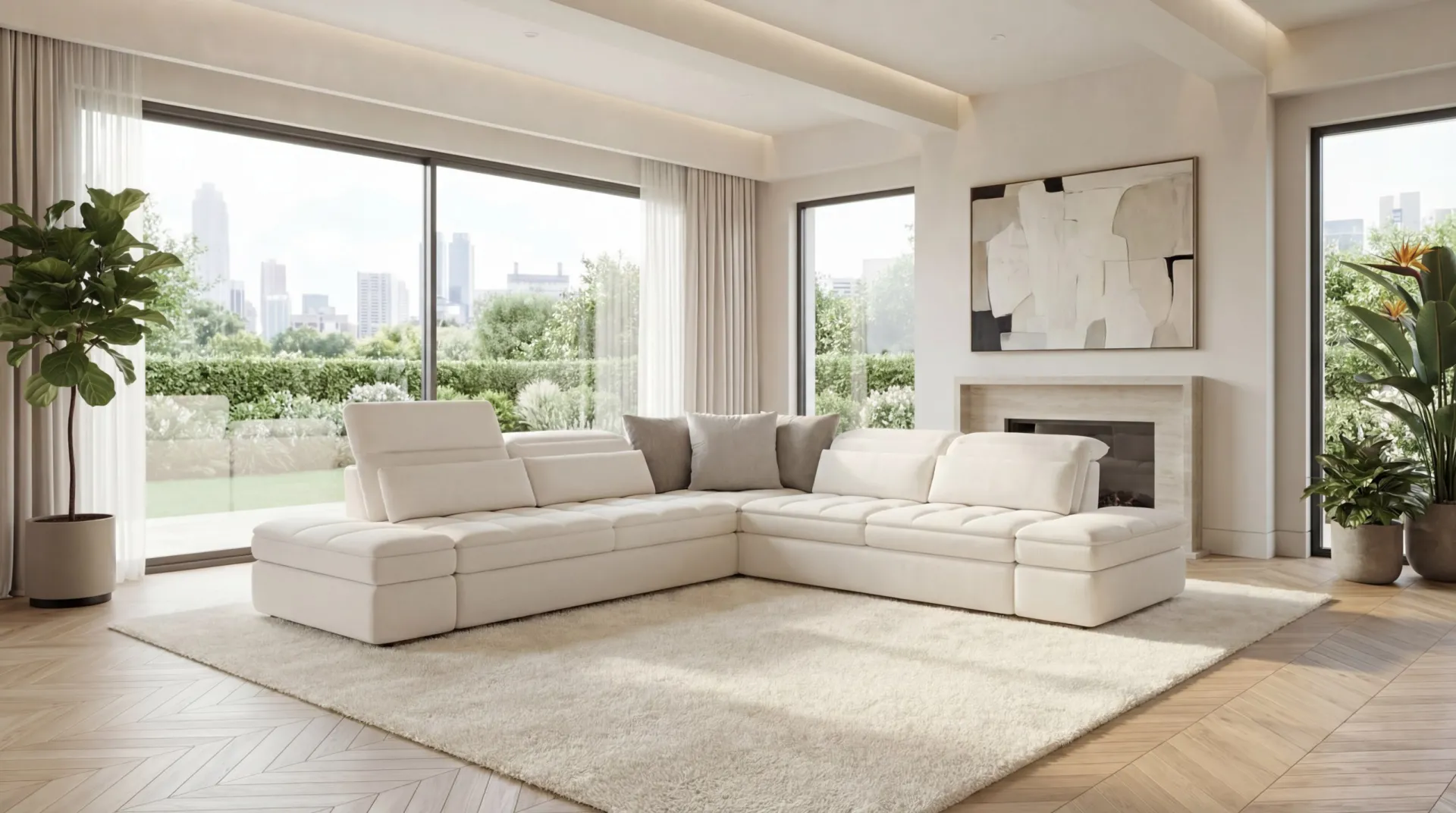Divano componibile Moving Il Benessere color panna ad angolo in un soggiorno con vetrate