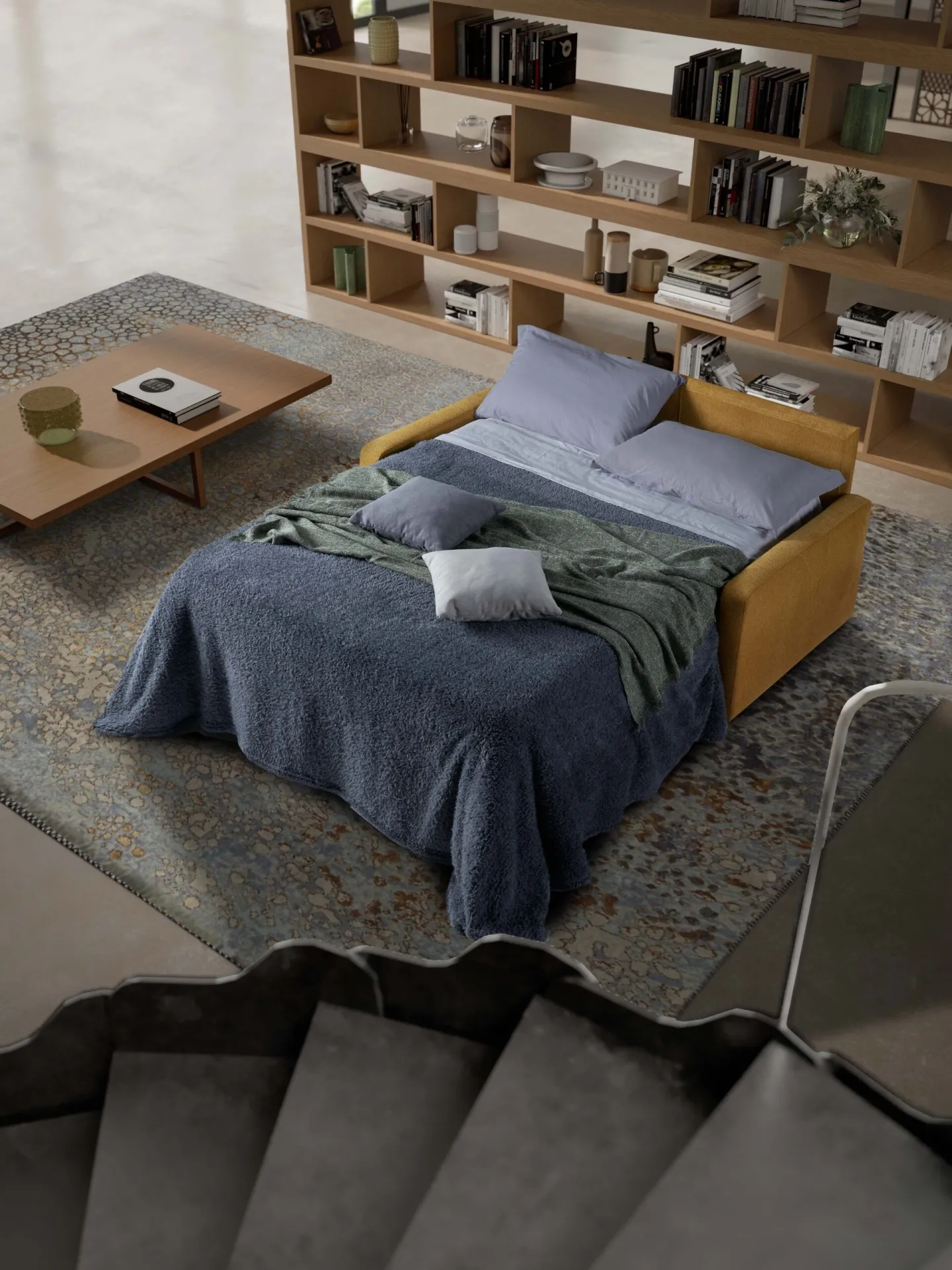 Divano Oregon Il Benessere aperto a letto con coperta blu