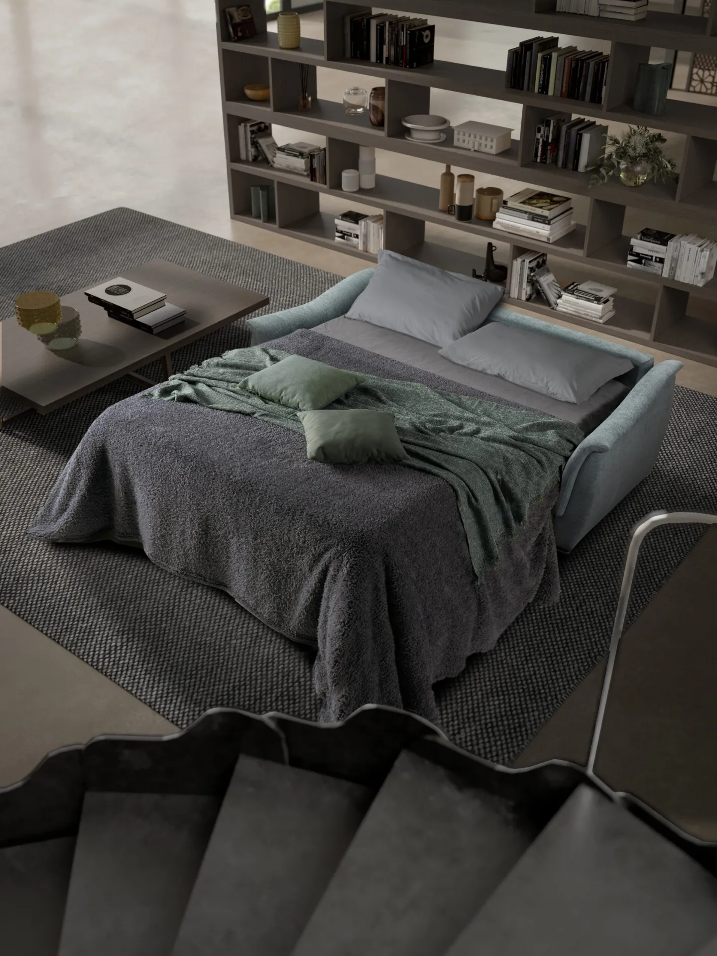 Divano Pacha Il Benessere aperto a letto con coperta verde