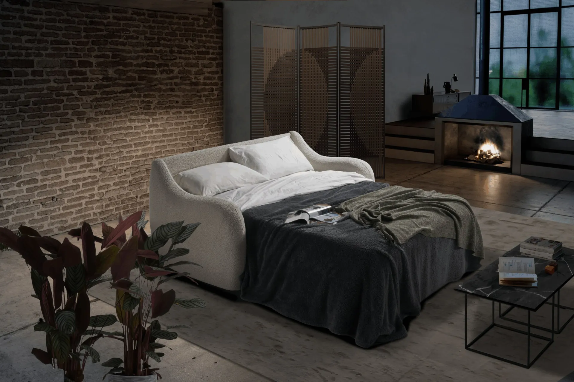 Divano Pagoda Il Benessere aperto a letto accanto a un camino