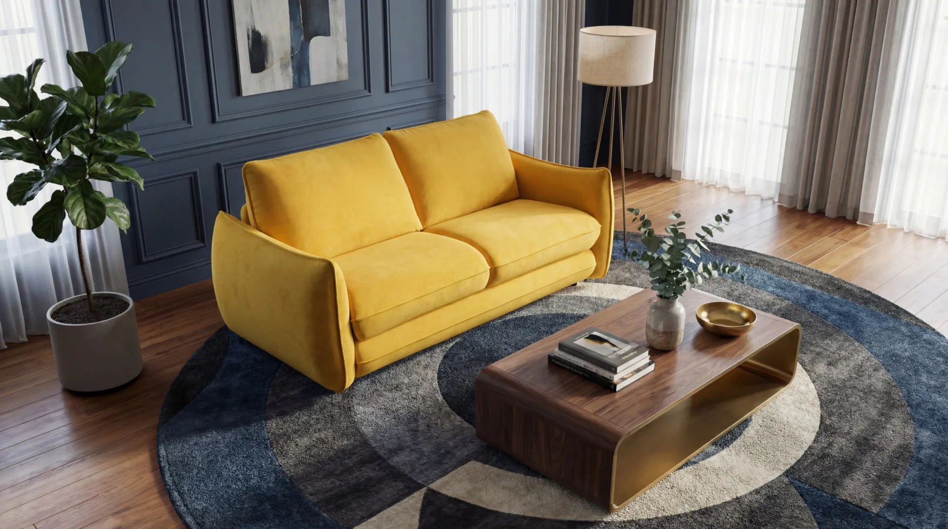 Divano letto Piumo' Il Benessere giallo su un tappeto blu