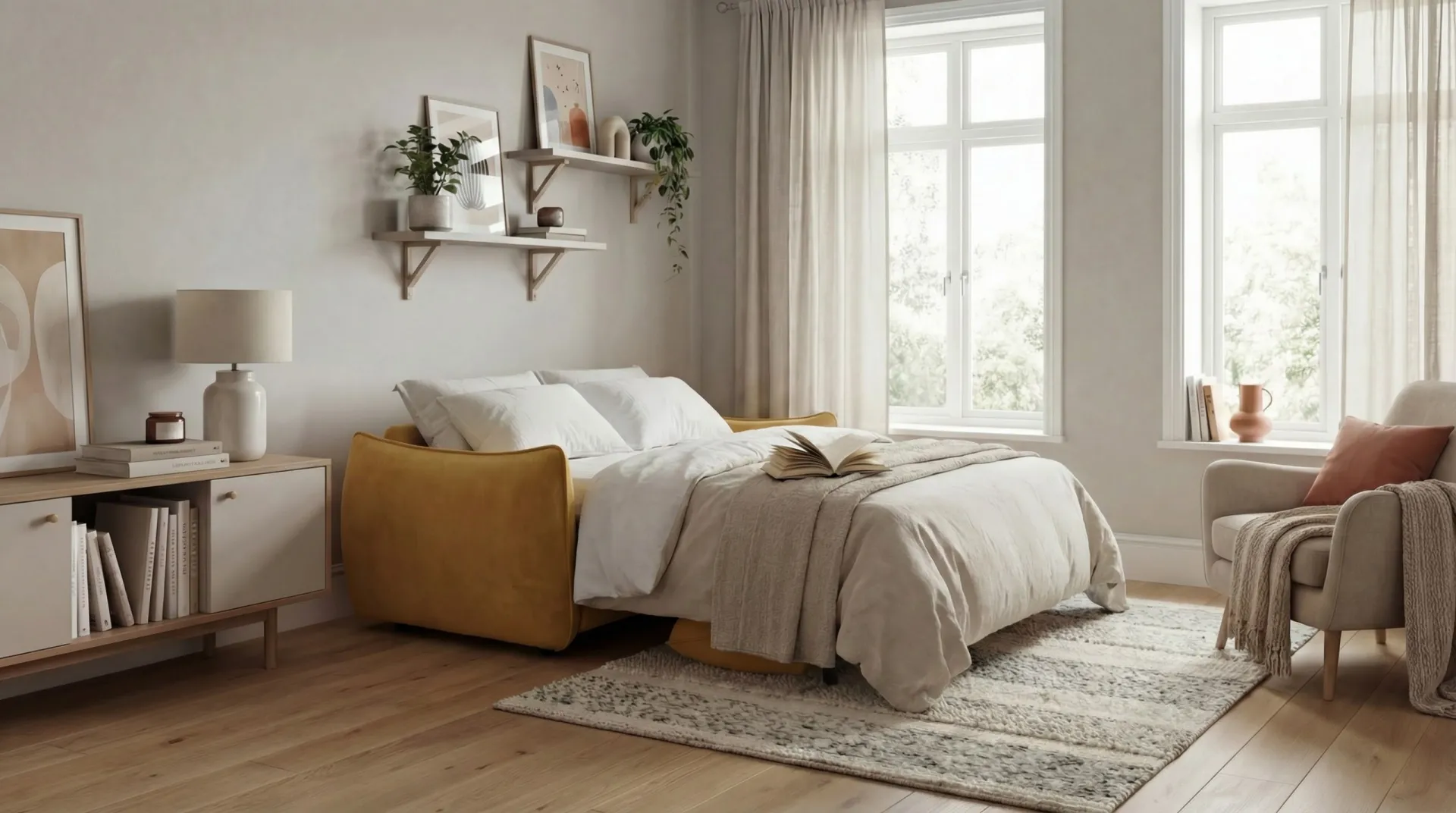 Divano Piumo' Il Benessere aperto a letto in una camera luminosa
