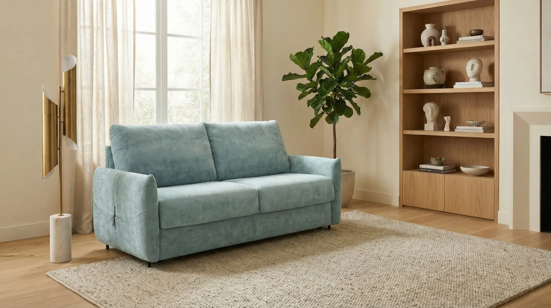 Divano letto Smile Il Benessere verde acqua accanto a una libreria in legno