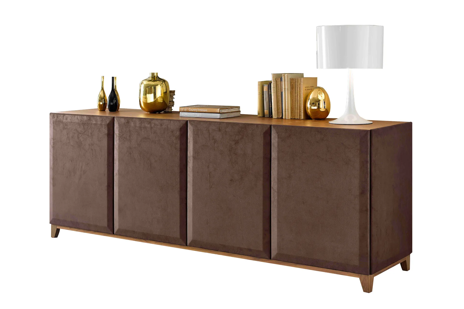 Credenza lunga 23.204 Tosato su fondo bianco con ante tappezzate e piano in noce canaletto