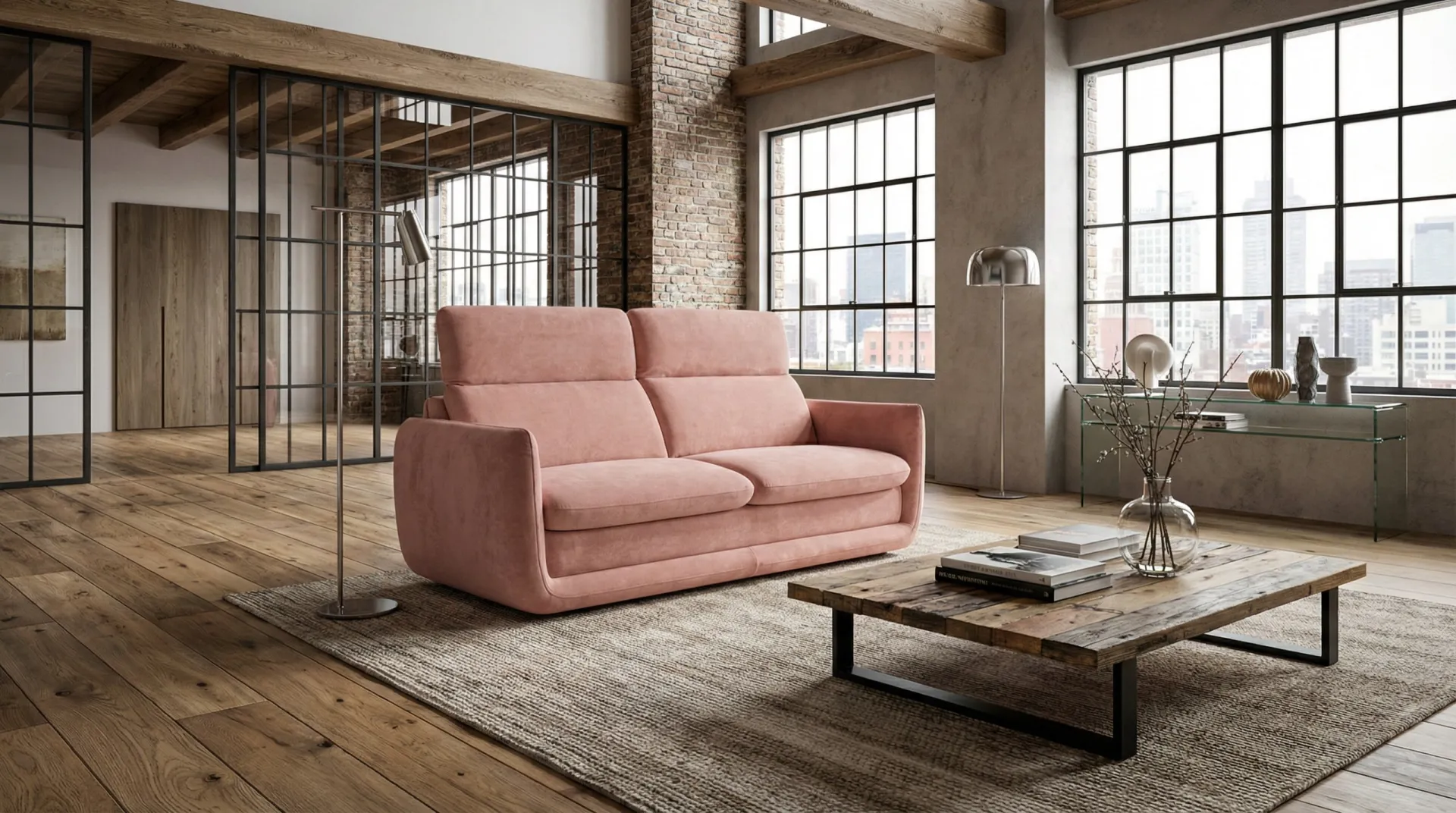 Divano letto Space Il Benessere rosa cipria in un loft con travi