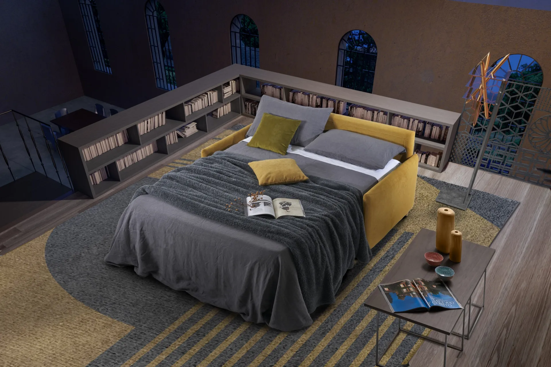 Divano Tommy Il Benessere aperto a letto con coperta grigia