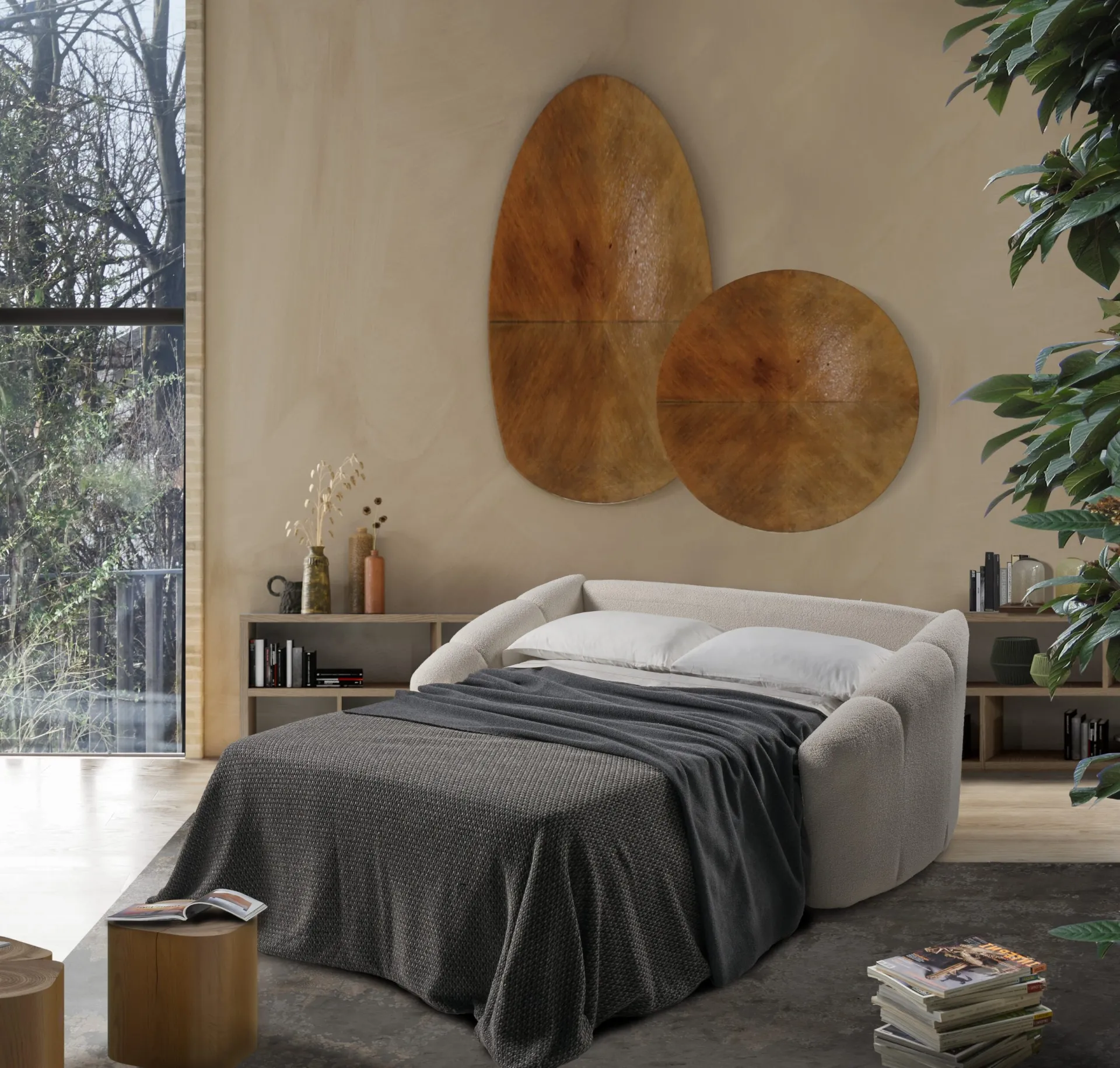 Divano Vigo Il Benessere aperto a letto sotto decorazioni in legno