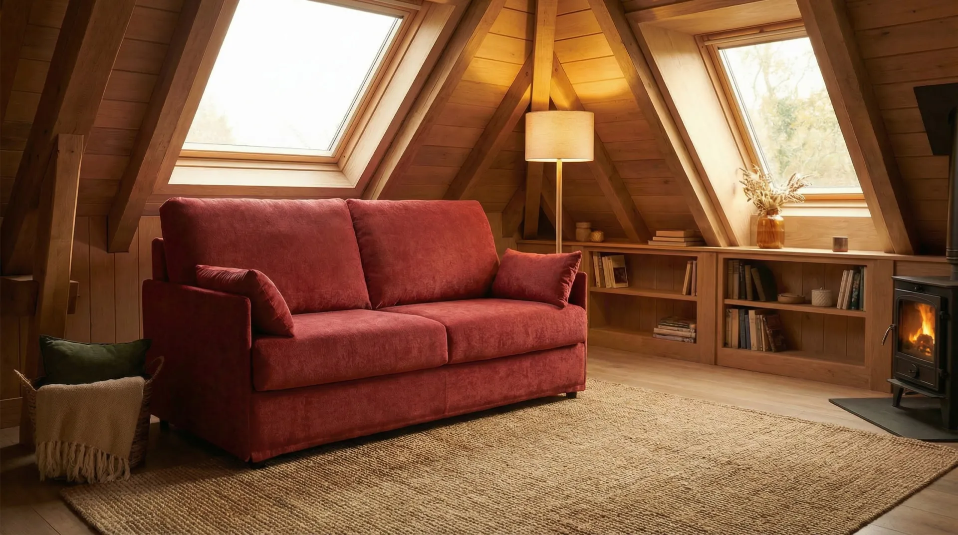Divano letto Zelit Il Benessere rosso in una mansarda con camino