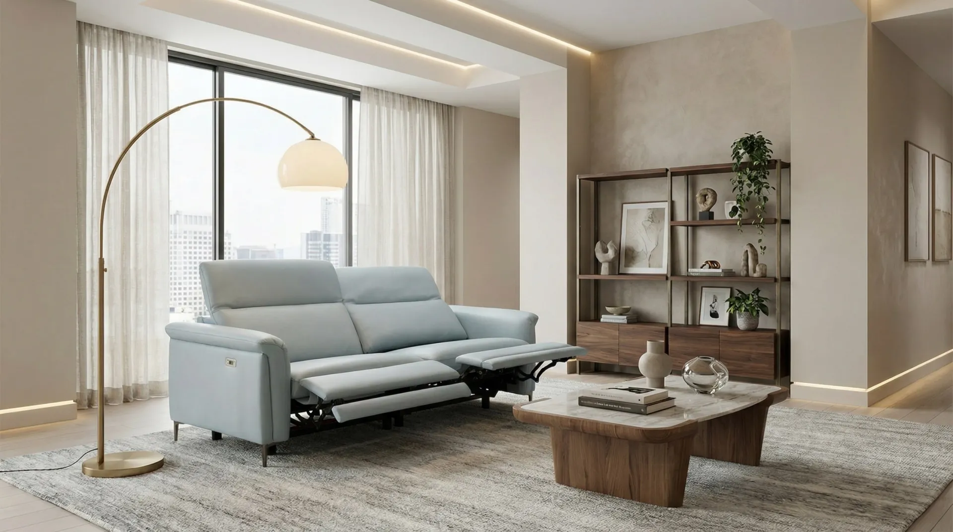 Divano relax Brera Il Benessere azzurro con seduta aperta in un soggiorno