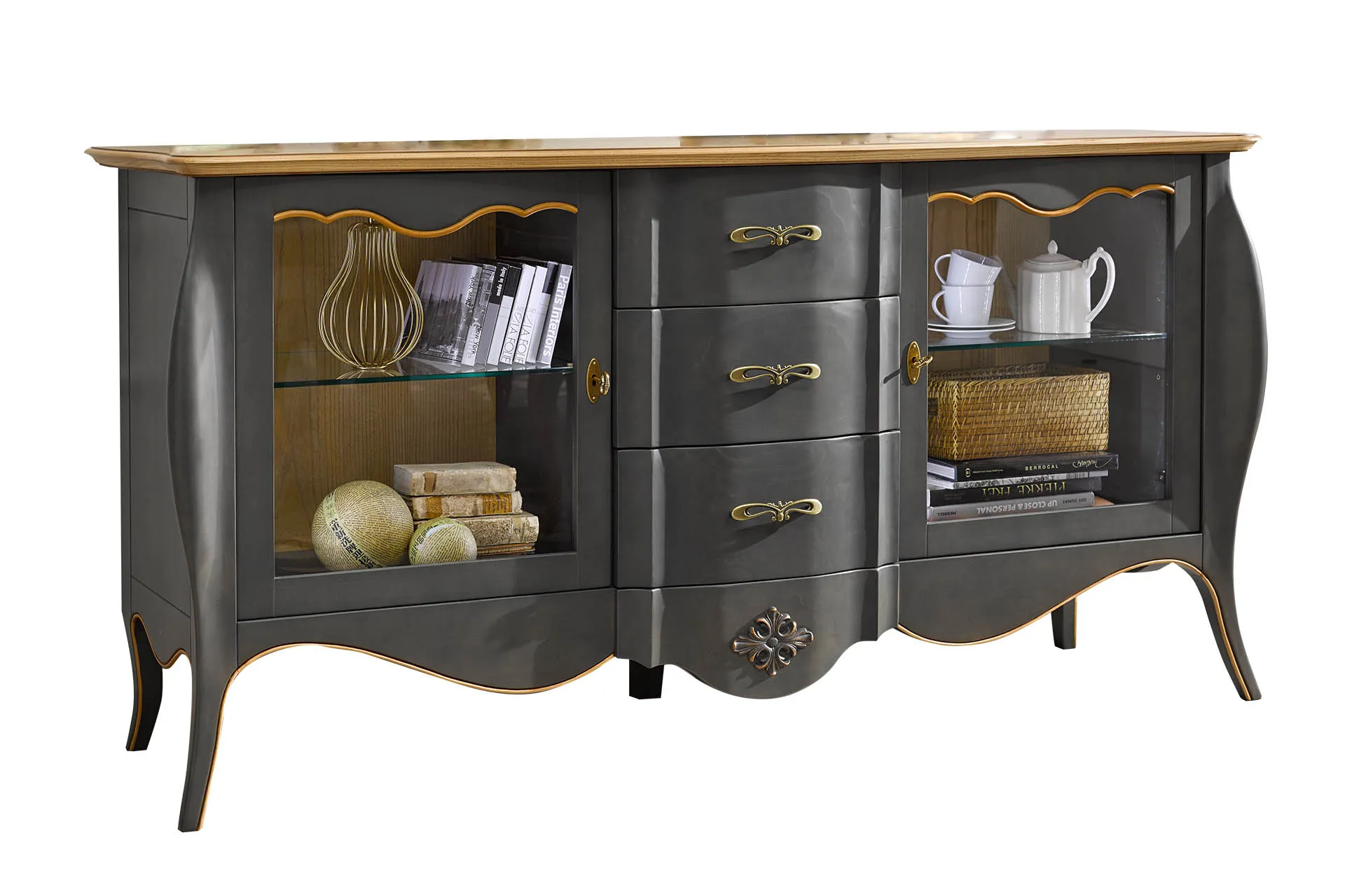 Credenza sagomata 23.200 Tosato su fondo bianco con due ante a vetro e tre cassetti centrali