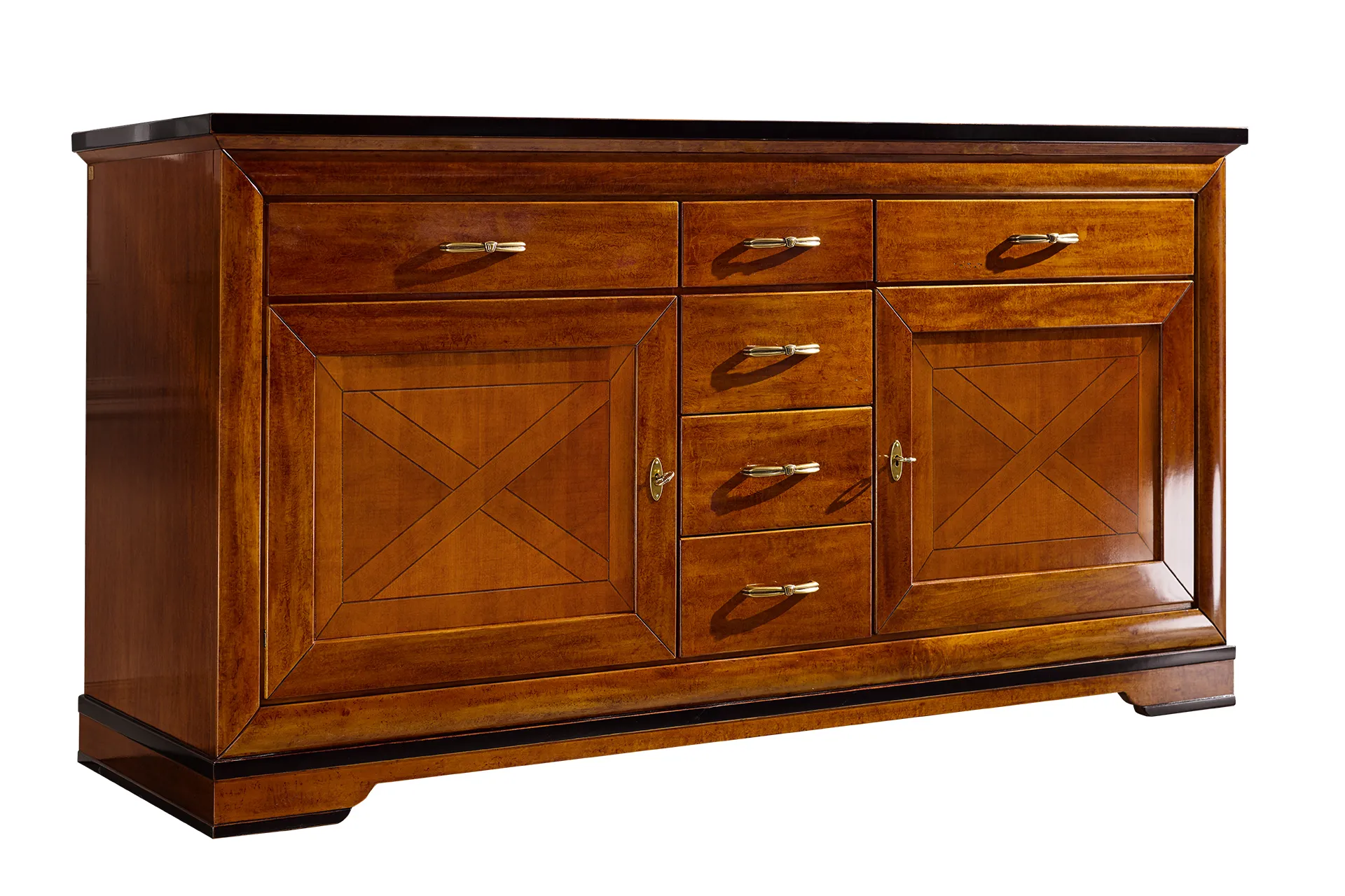 Credenza 23.35 Tosato su fondo bianco con due ante intarsiate e cassetti centrali