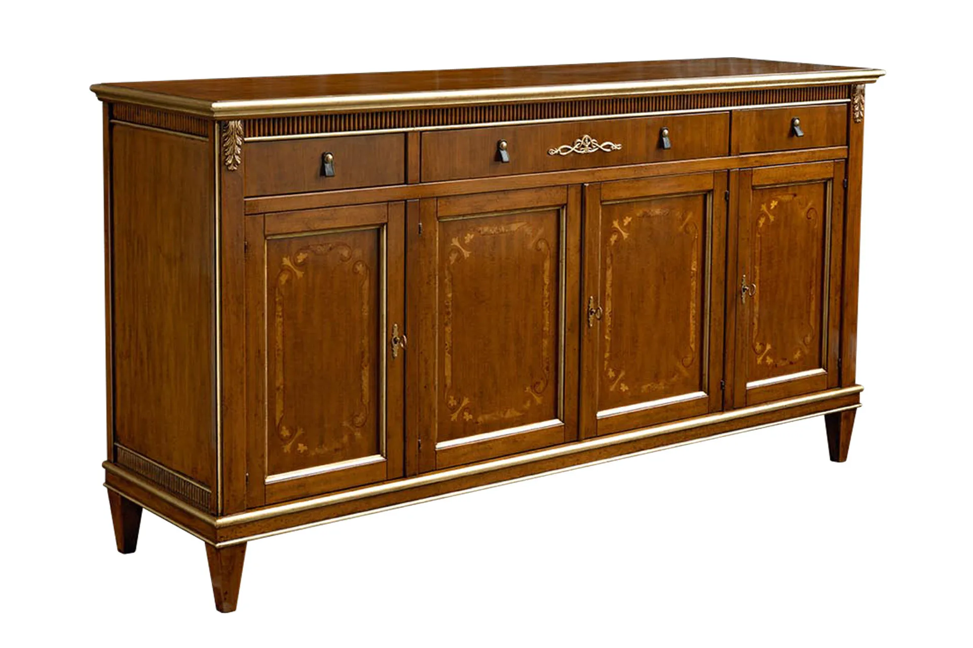 Credenza intarsiata 23.33 Gold Tosato su fondo bianco con quattro ante e tre cassetti
