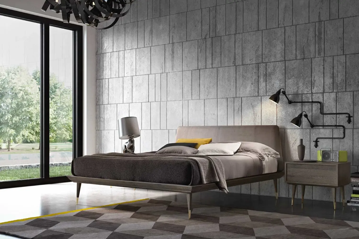 Camera da letto Cocò London Callesella con letto in rovere scuro e parete in cemento