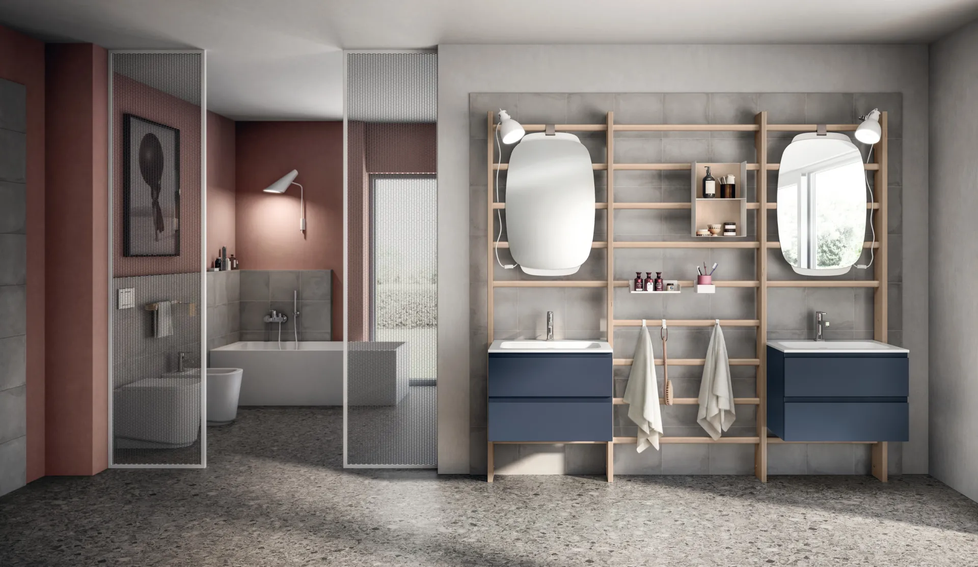 Bagno Gym Space Scavolini con spalliere Blond, due basi Juno blu e specchi appesi con laccio