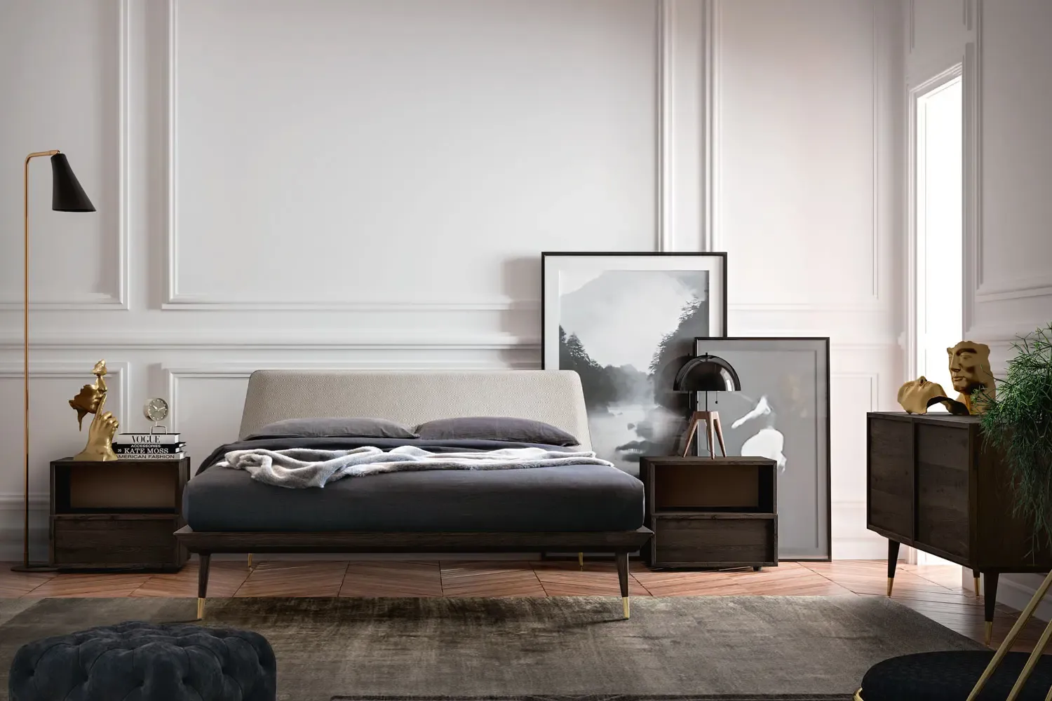 Camera da letto Cocò Milan Callesella con letto in rovere e pareti chiare a boiserie