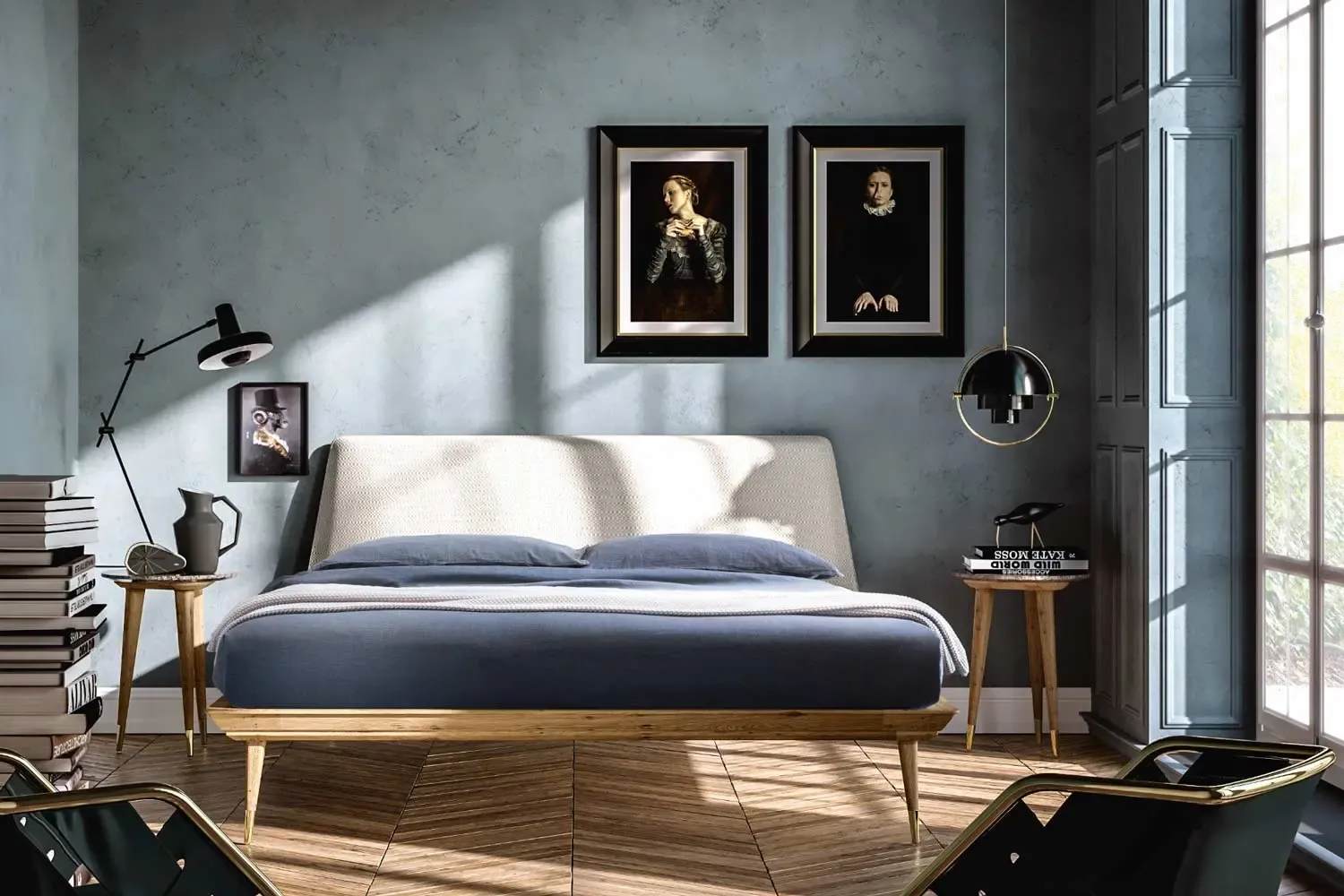 Camera da letto Cocò Paris Callesella con letto in rovere naturale e parete grigio azzurra