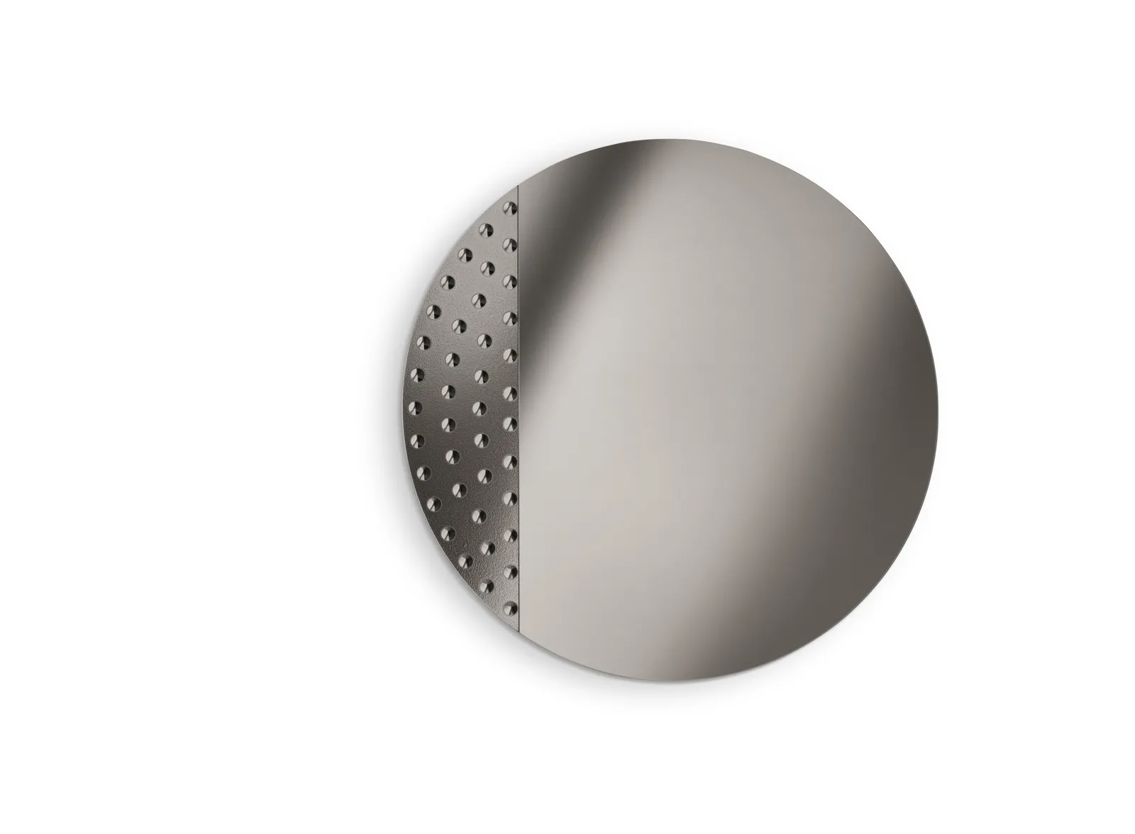 Specchio rotondo Eco Stones in finitura fumé con spicchio a bolle, su fondo bianco