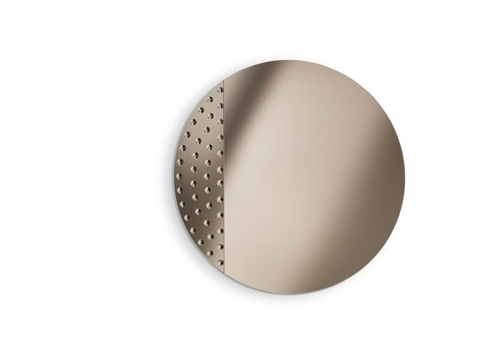 Specchio Eco Stones rotondo in finitura bronzo con inserto bullé, su fondo bianco