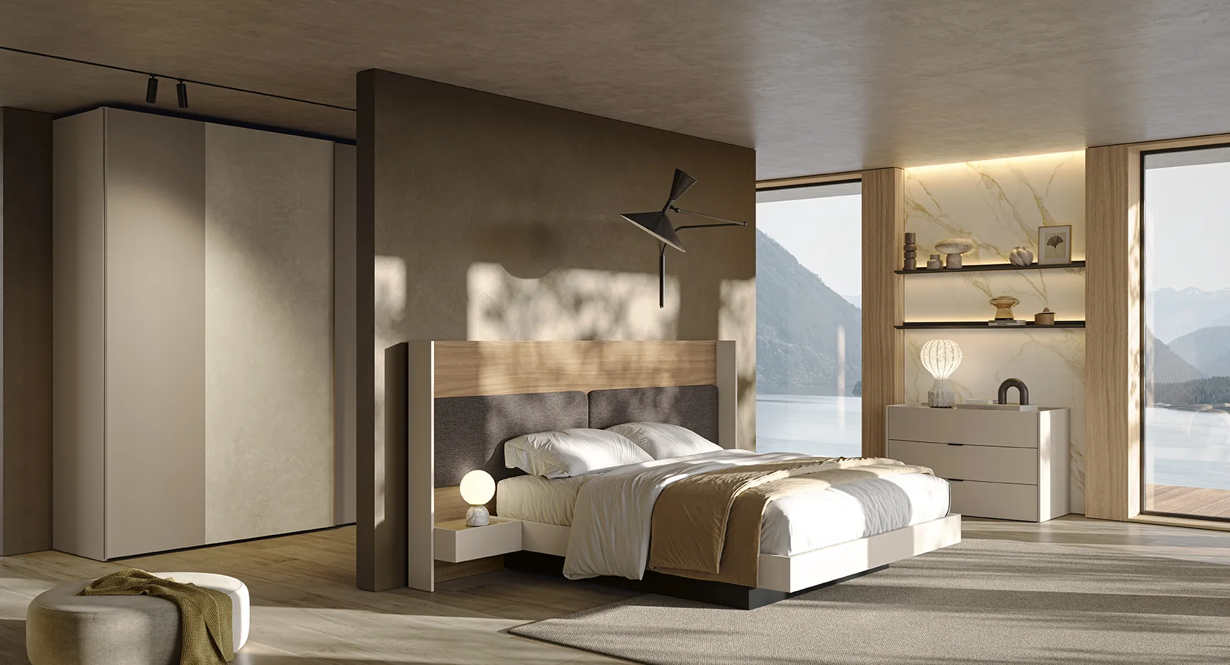 Camera da letto Night Space La villa Colombini con letto a testata in legno e tessuto, comò e armadio scorrevole