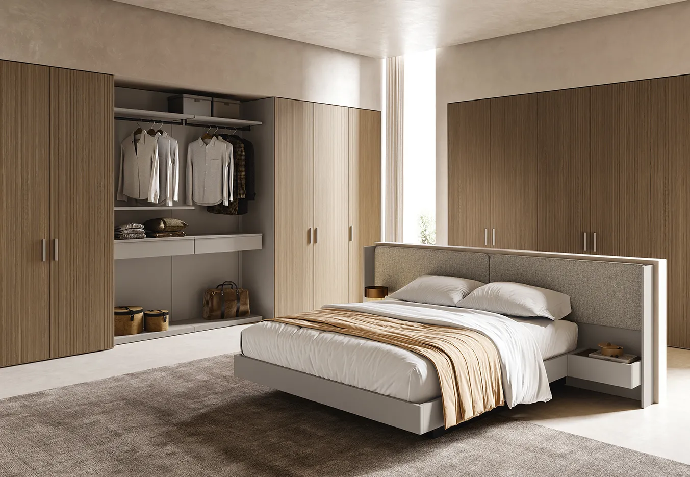 Camera da letto Night Space Il loft urbano Colombini con letto sospeso, testata imbottita e armadio in legno