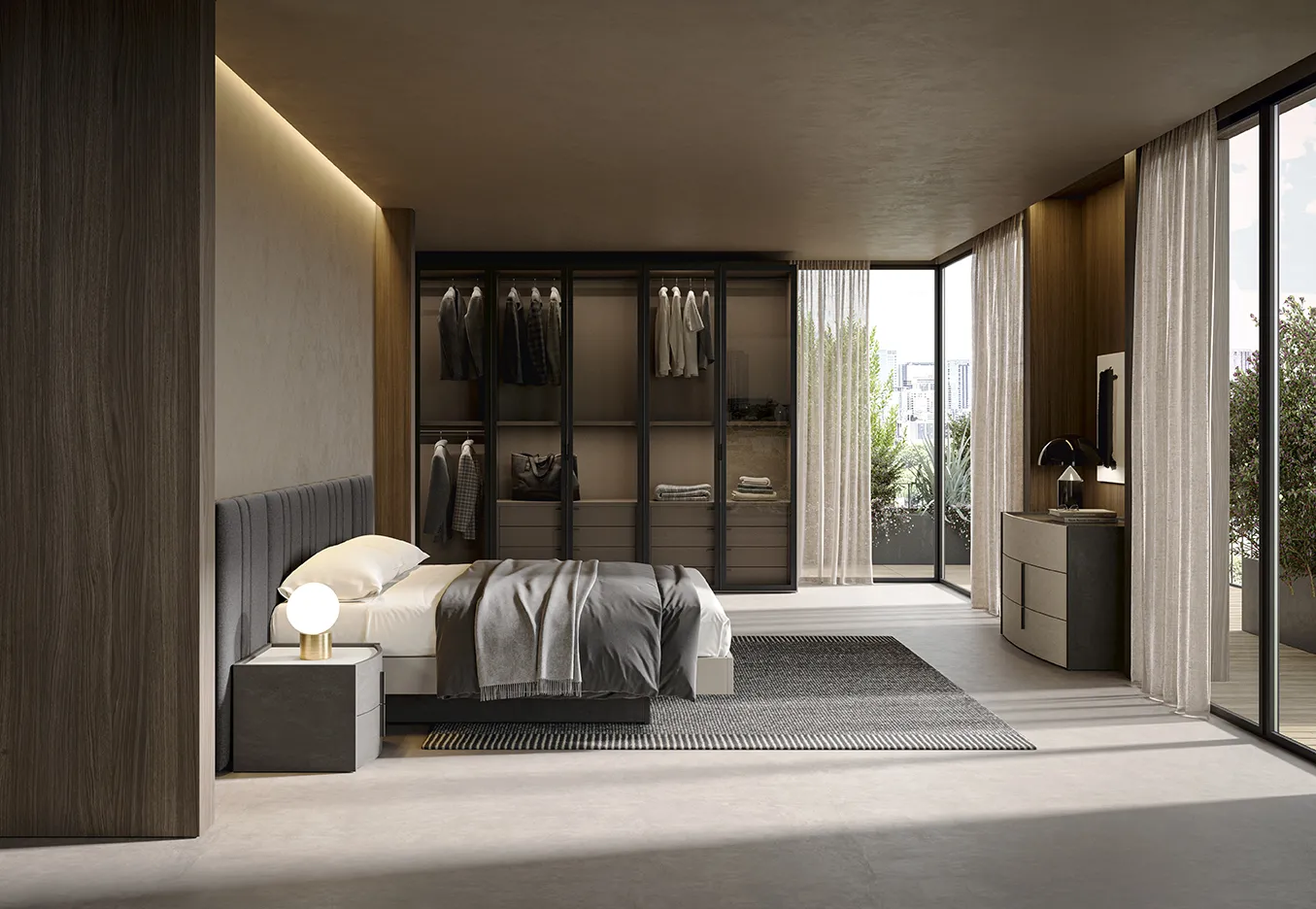 Camera Night Space Il loft urbano Colombini con letto a testata a canali, cabina a vetro e comò curvo