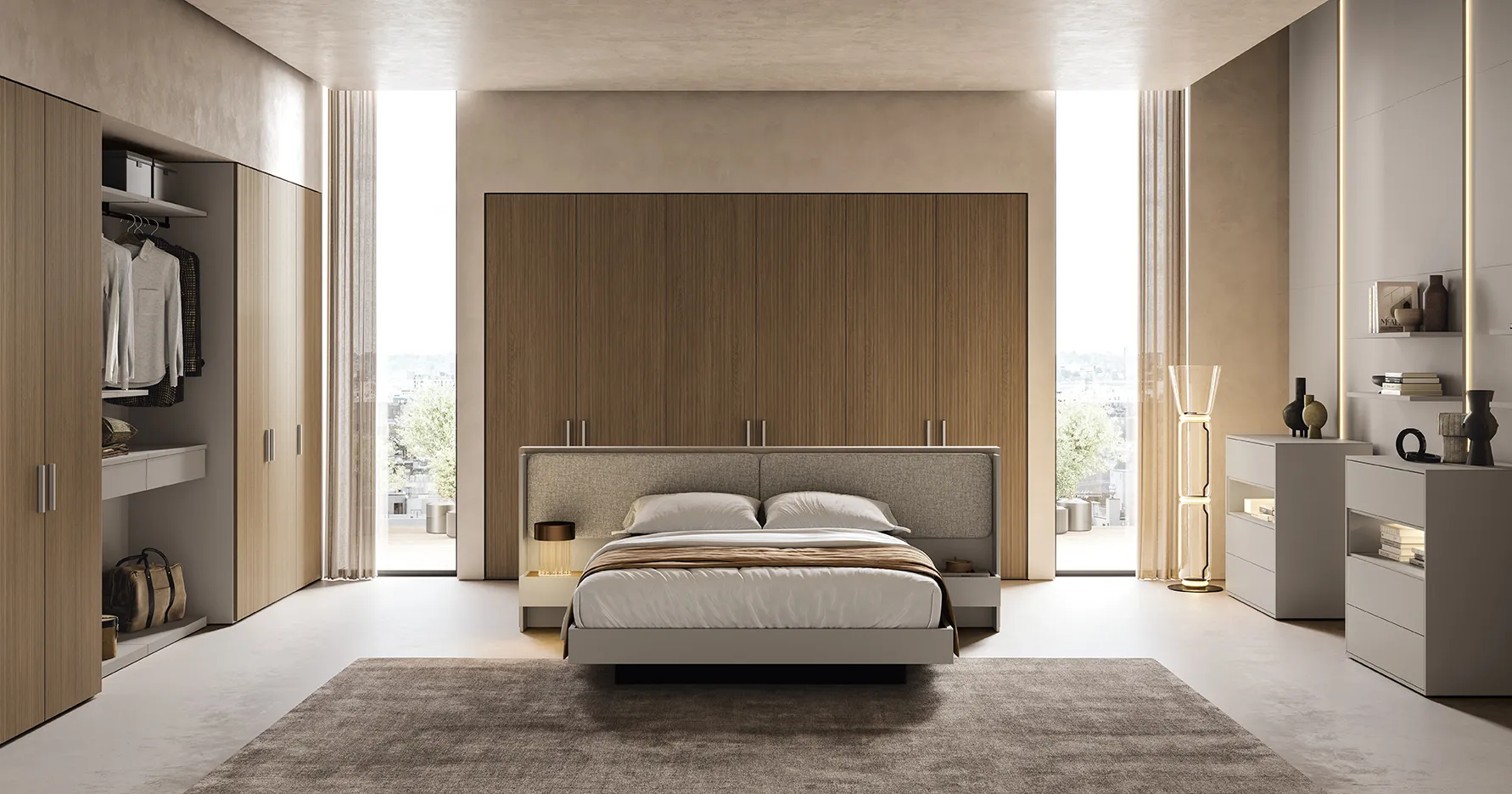 Camera da letto Night Space Il loft urbano Colombini vista di fronte con armadio a tutta parete dietro il letto
