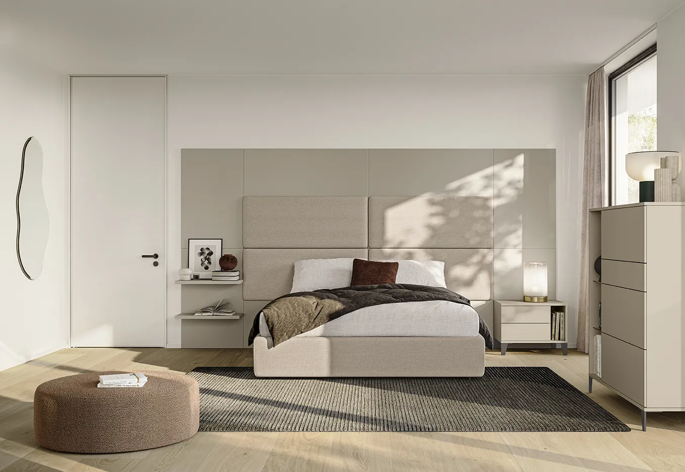 Camera da letto Night Space L'appartamento duplex Colombini con boiserie imbottita, mensole e settimino