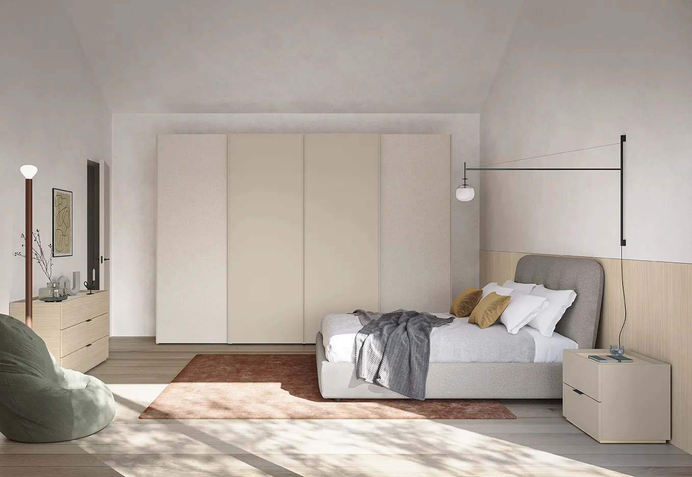 Camera da letto Night Space L'habitat contemporaneo Colombini con armadio crema a quattro ante e boiserie bassa