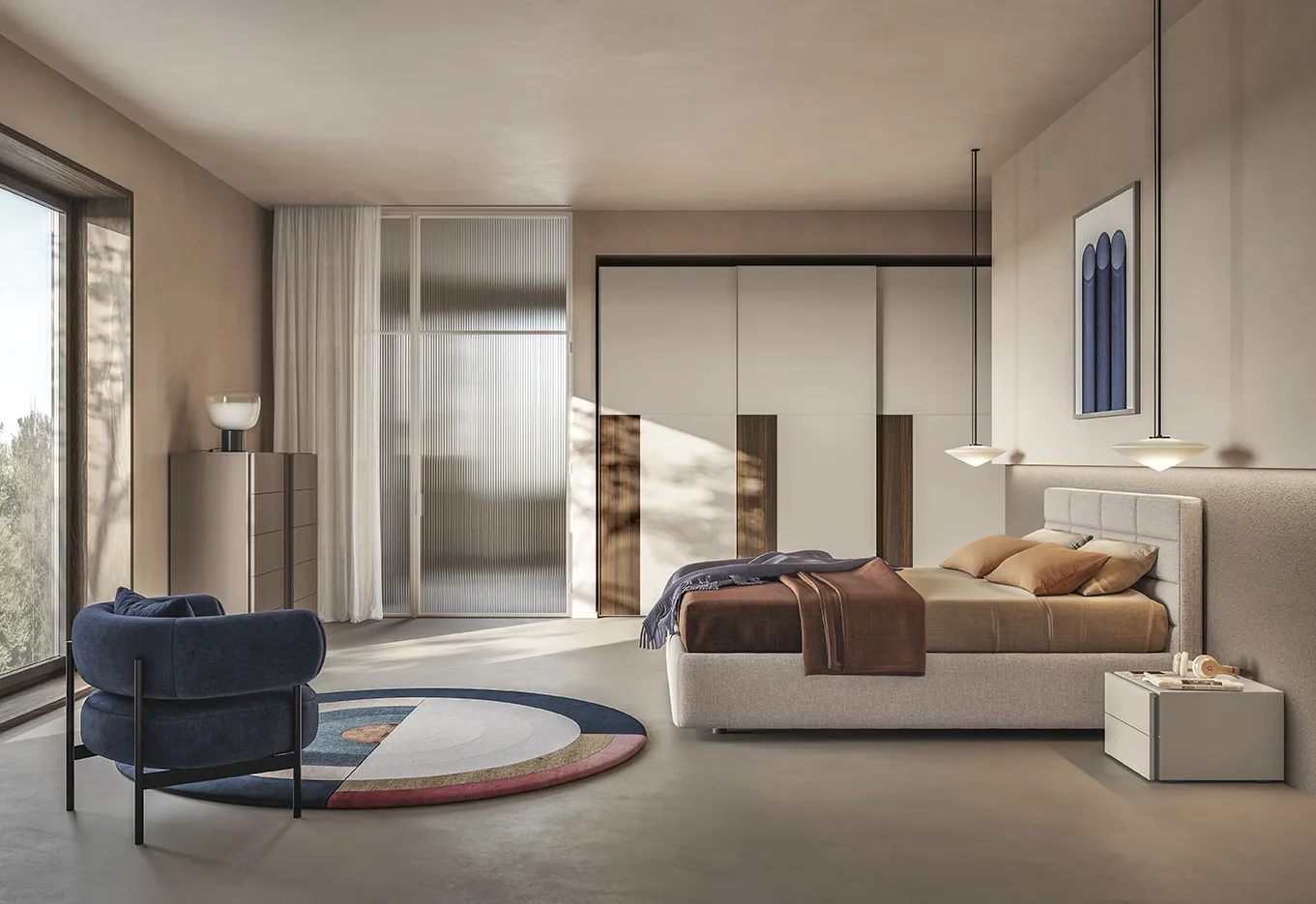 Camera da letto Night Space La residenza calda e materica Colombini con armadio crema a inserti in legno