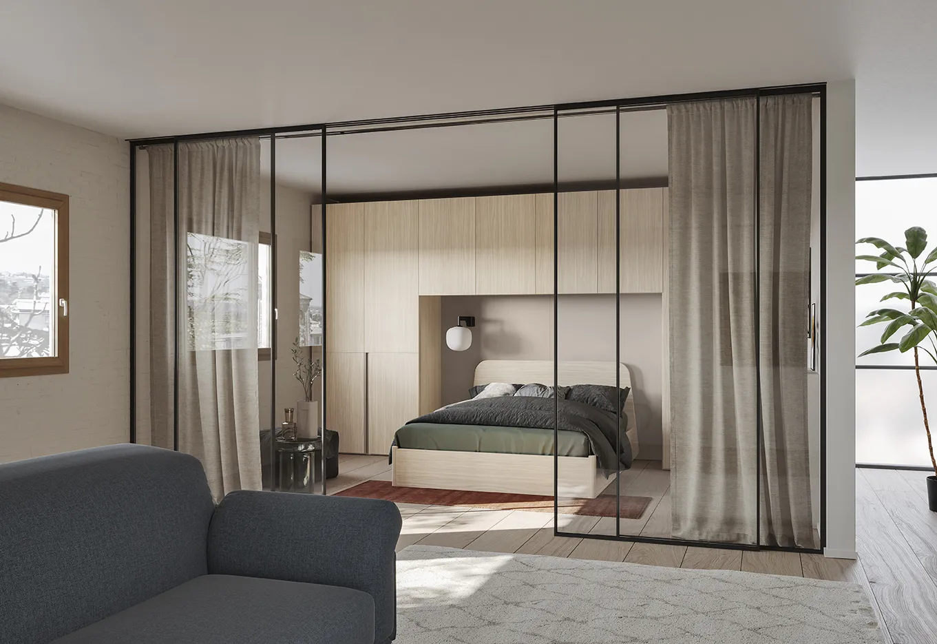Camera Night Space Il loft essenziale e luminoso Colombini con letto Virgo in armadio a ponte dietro una vetrata