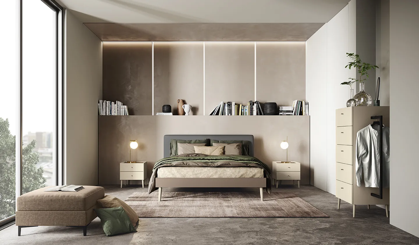 Camera da letto Night Space Il loft essenziale e luminoso Colombini con boiserie luminosa e mensola portalibri
