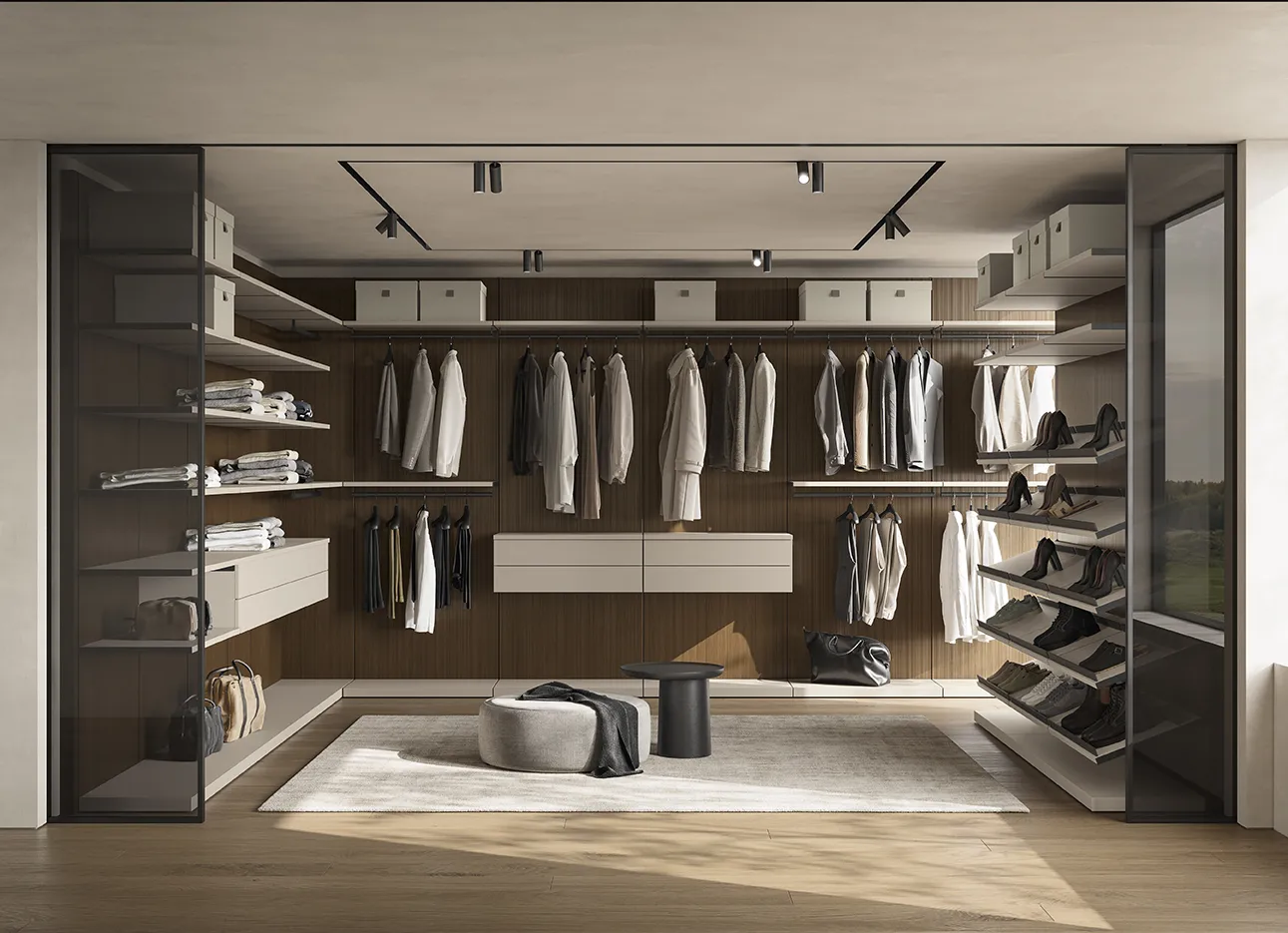 Cabina armadio a U Connex Colombini Wardrobes con schienali in legno, cassettiera sospesa e ante in vetro