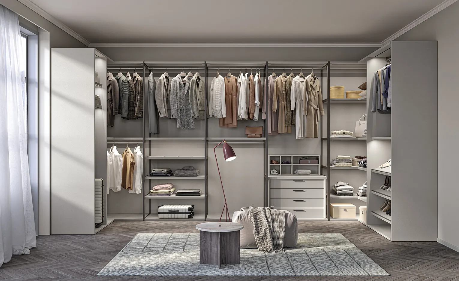 Cabina armadio Colombini Wardrobes a montanti in metallo con ripiani, cassettiera e colonne laterali