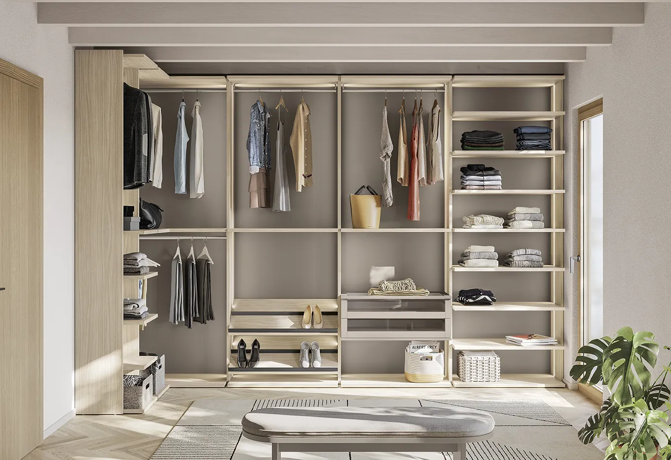 Guardaroba Flexo Colombini Wardrobes in legno chiaro con ripiani, cestoni e cassetti a vetro